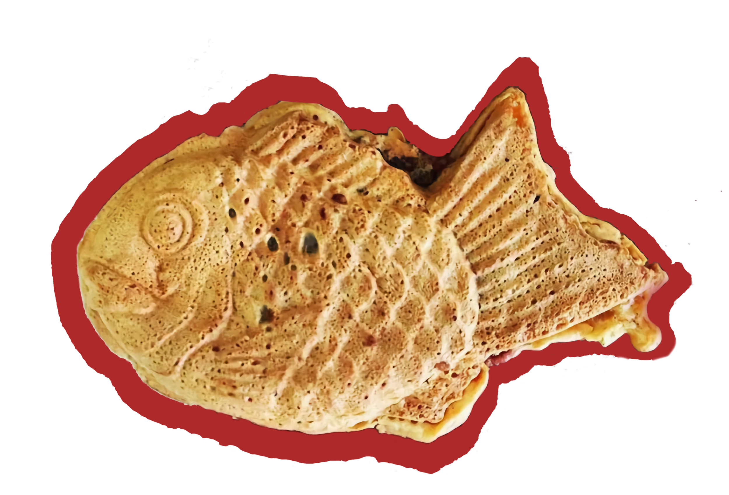 A fish-shaped pastry with a golden-brown, crispy crust, details resembling fish scales, an eye, and fins.