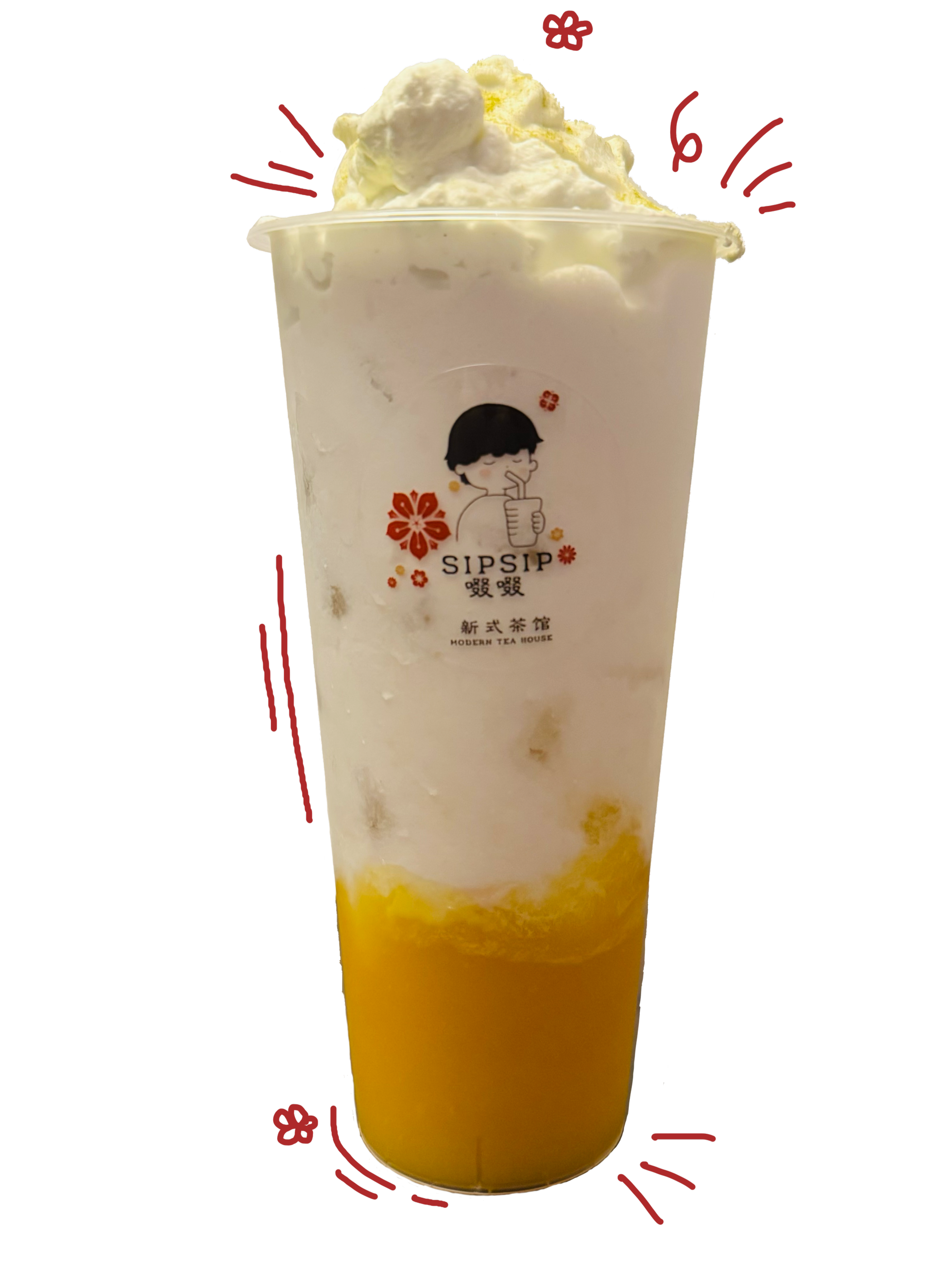 A tall cup of mango and milk tea with whipped cream on top, bearing the logo of SIPSIP Modern Tea House.