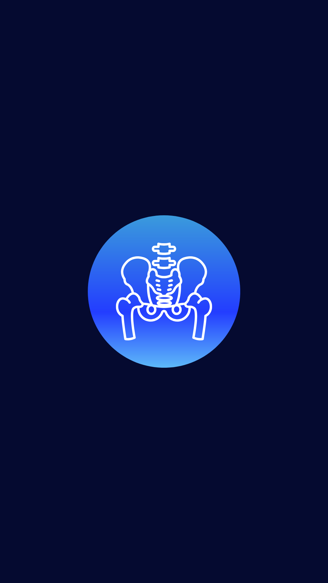Digital illustration of a human pelvis with pelvic bones and lower spine, set against a blue circular background.