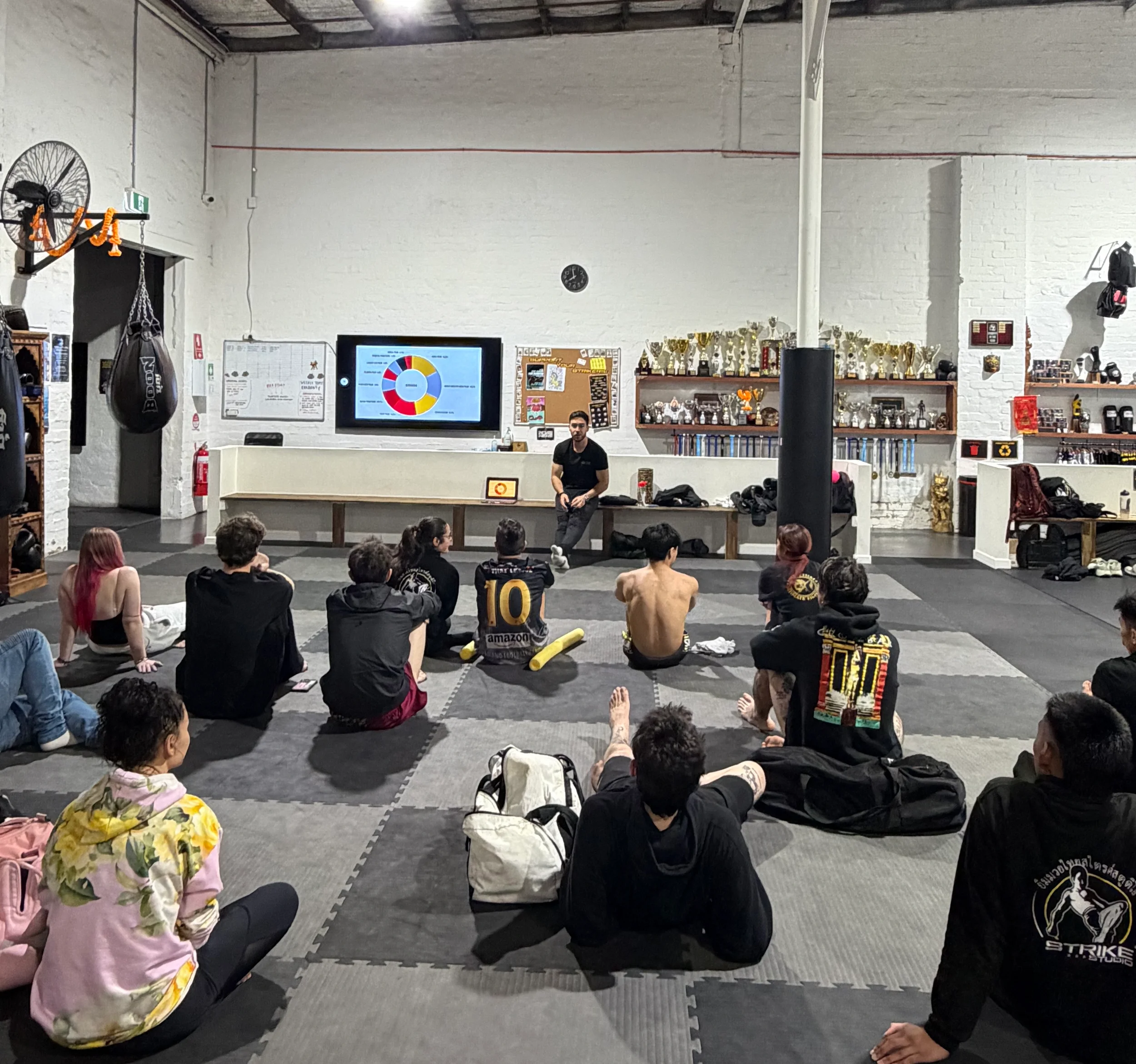 Tom Yeung presenting a Train Around Your Injury seminar to fighters at a Melbourne Muay Thai gym