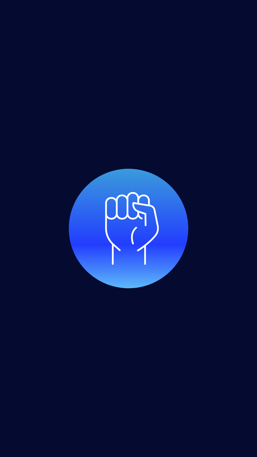 A blue circular icon with a white outline of a clenched fist, symbolizing strength or solidarity, on a dark background.