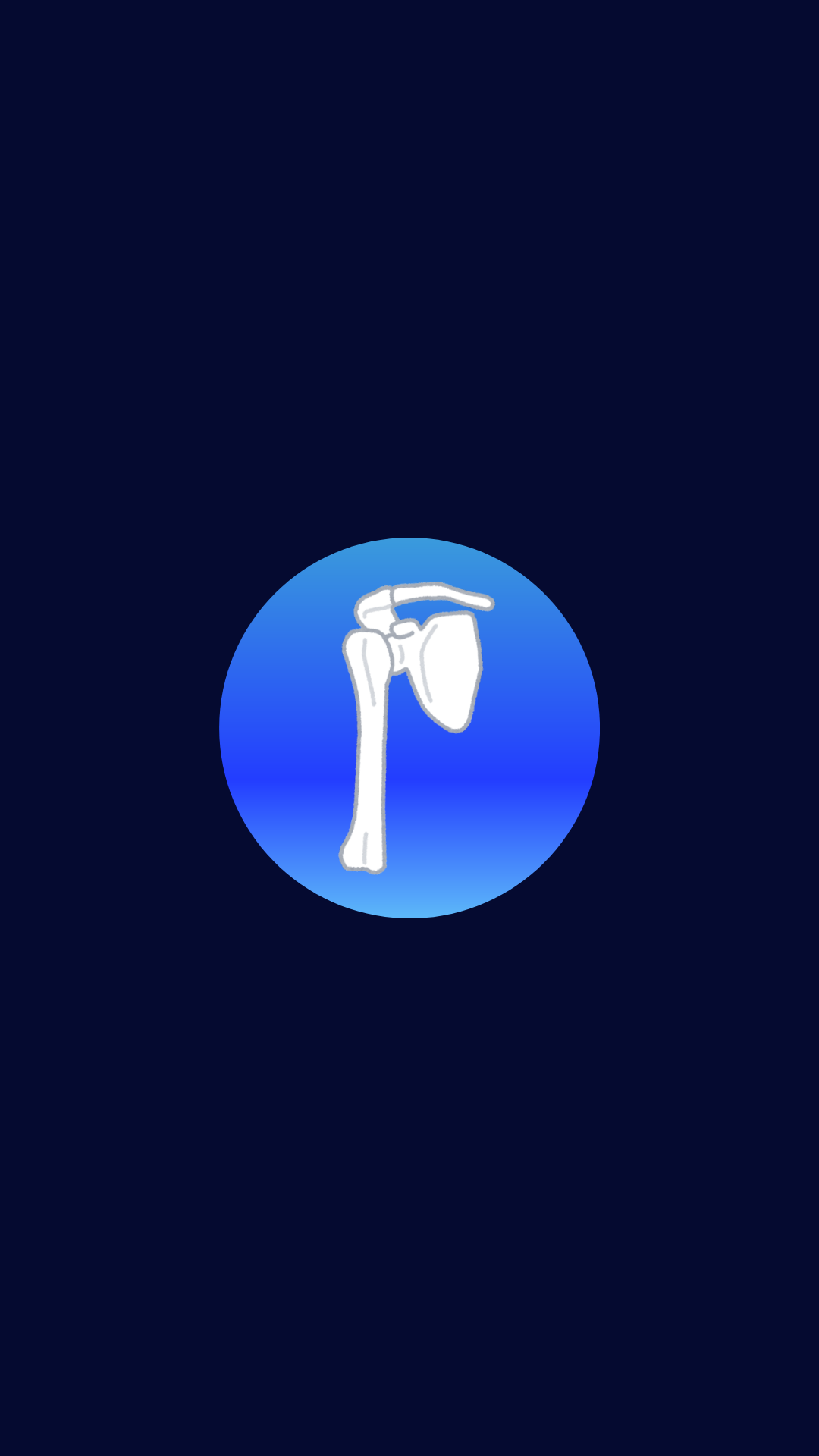 A digital icon of a human shoulder joint, featuring the upper arm bone, shoulder blade, and collarbone, set against a blue gradient circular background.