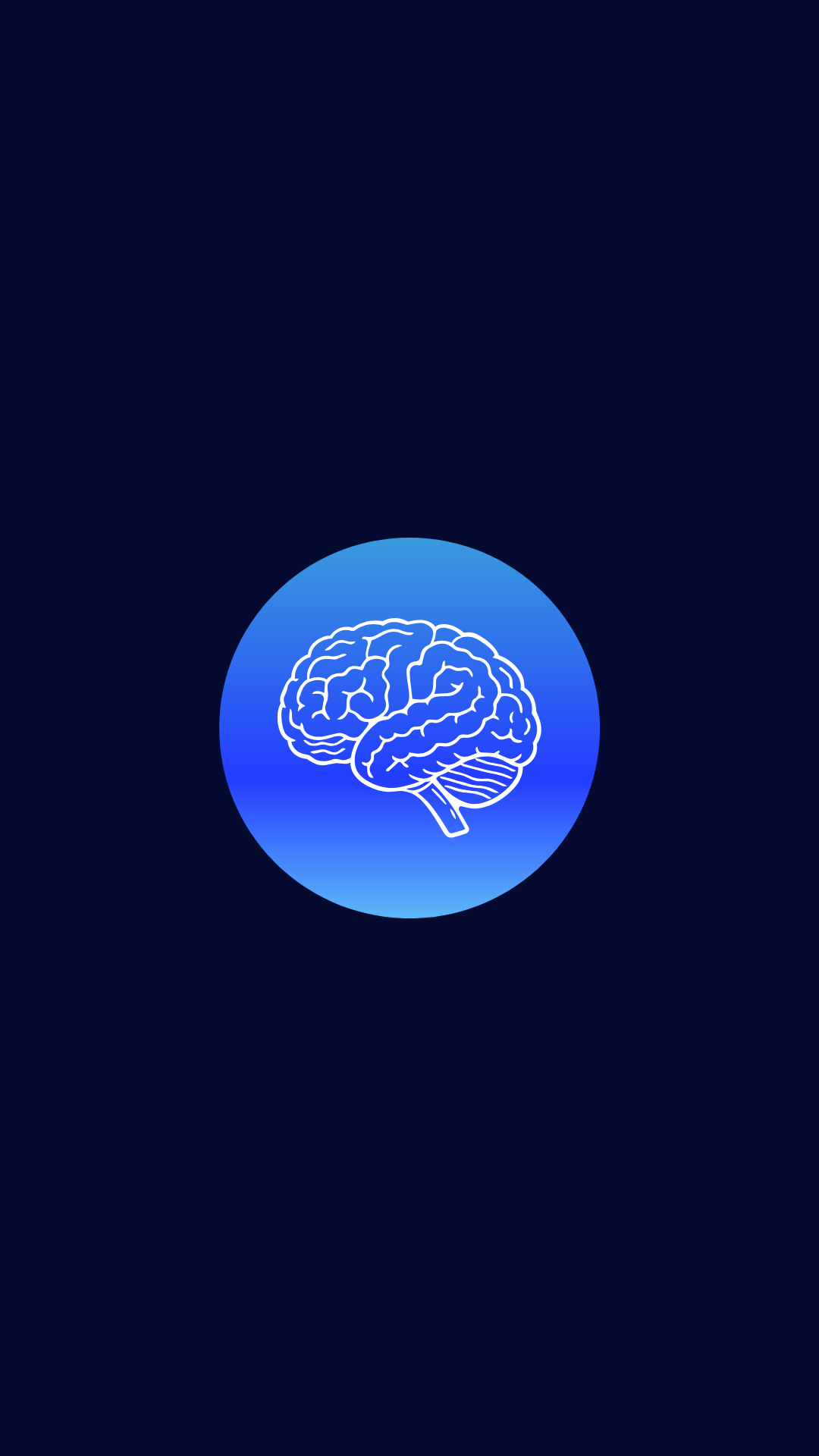 Digital illustration of a human brain in white outline within a blue gradient circle against a dark blue background.