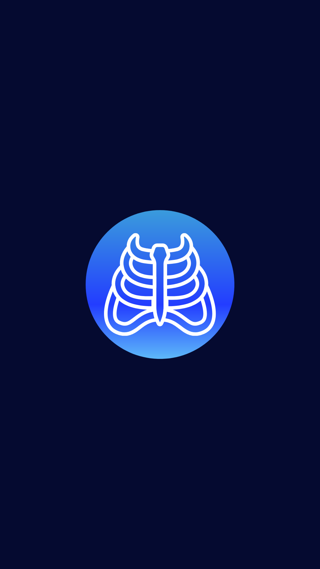 Digital illustration of human ribcage on a blue circular background, glowing with white lines, set against a dark navy background.