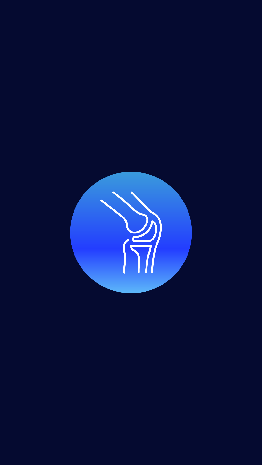 Digital illustration of a knee joint with bones and ligaments inside a blue circular background.