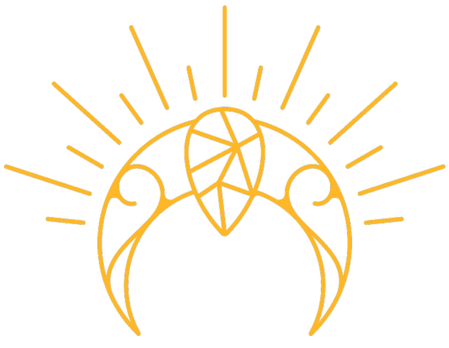 Golden line art of a golden crescent moon with a pear shaped stone at the top center, surrounded by radiating lines on a transparent background.