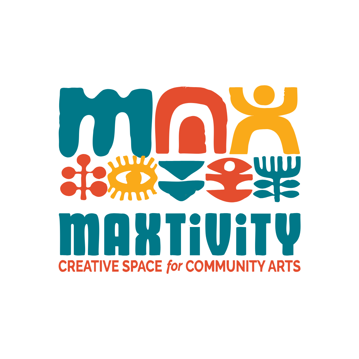 Colorful logo featuring abstract human, butterfly, and eye symbols with text 'Maximizing Creativity' and 'Creative Space for Community Arts'.