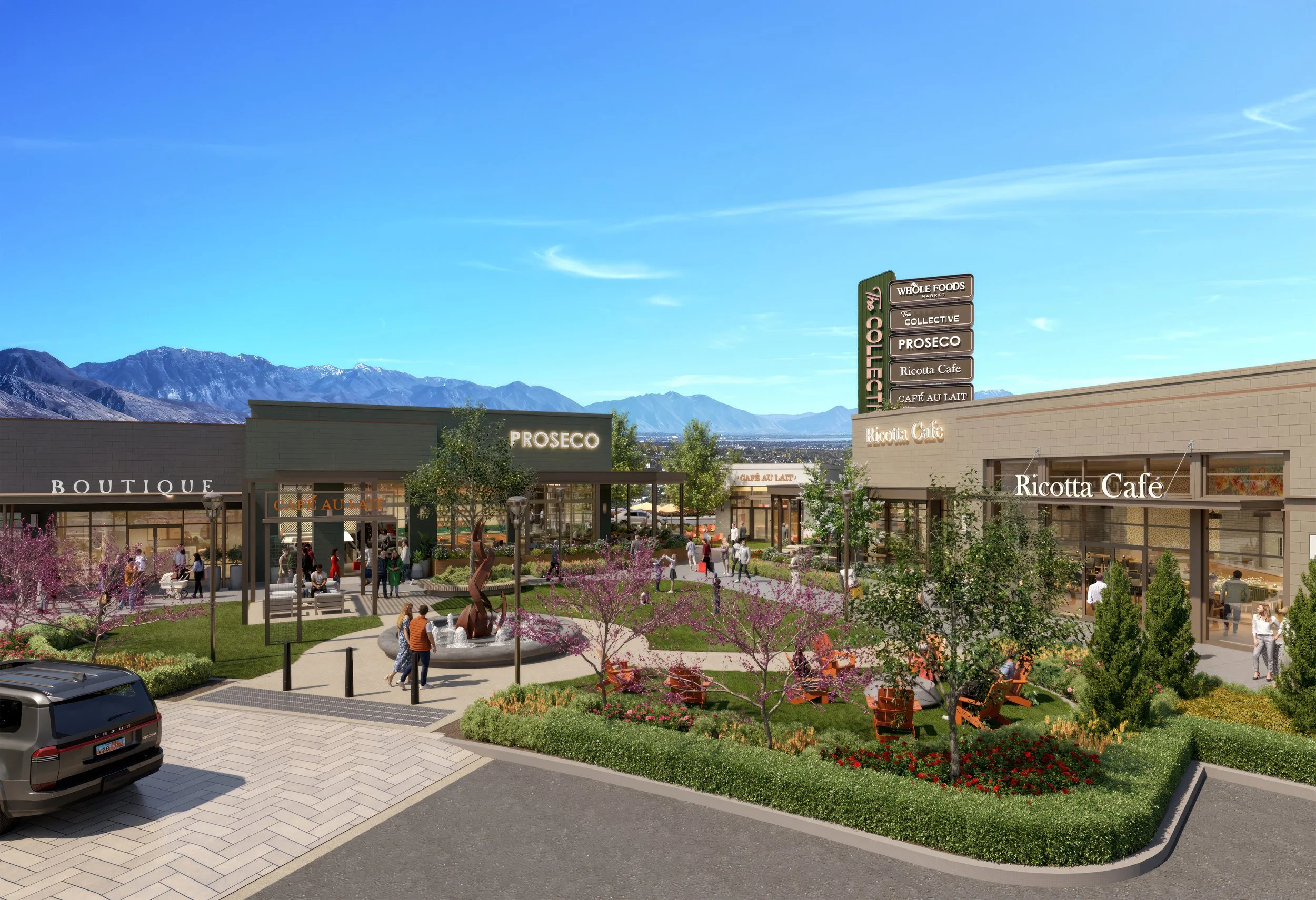 The Collective at Morning Vista plaza with various storefronts, including Whole Foods Market, Ricotta Cafe, and a boutique, set against a mountain landscape on a bright, clear day.