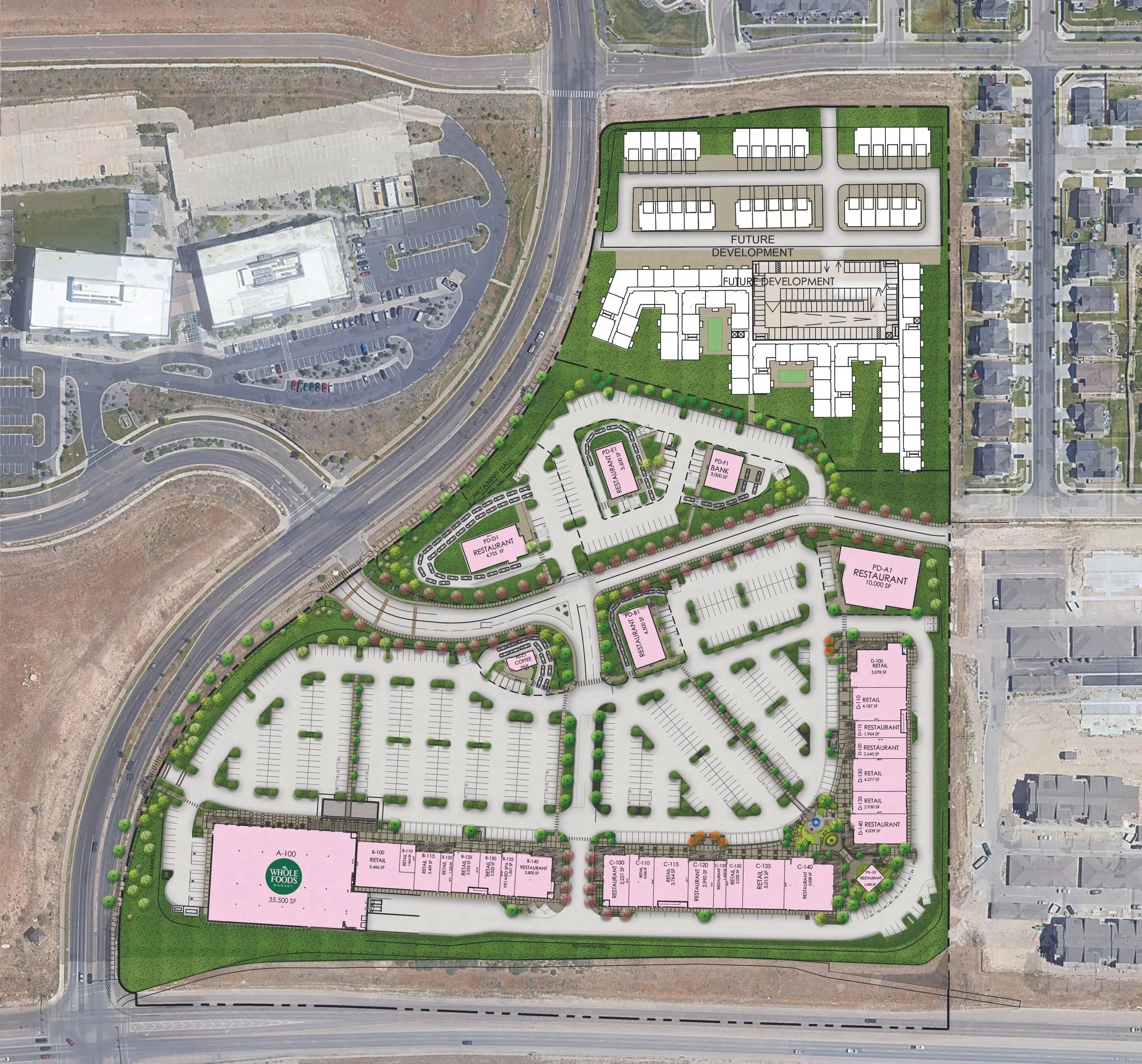 Aerial view of a The Collective at Morning Vista development site including a Whole Foods Market, a parking lot, and surrounding roads and residential neighborhoods.