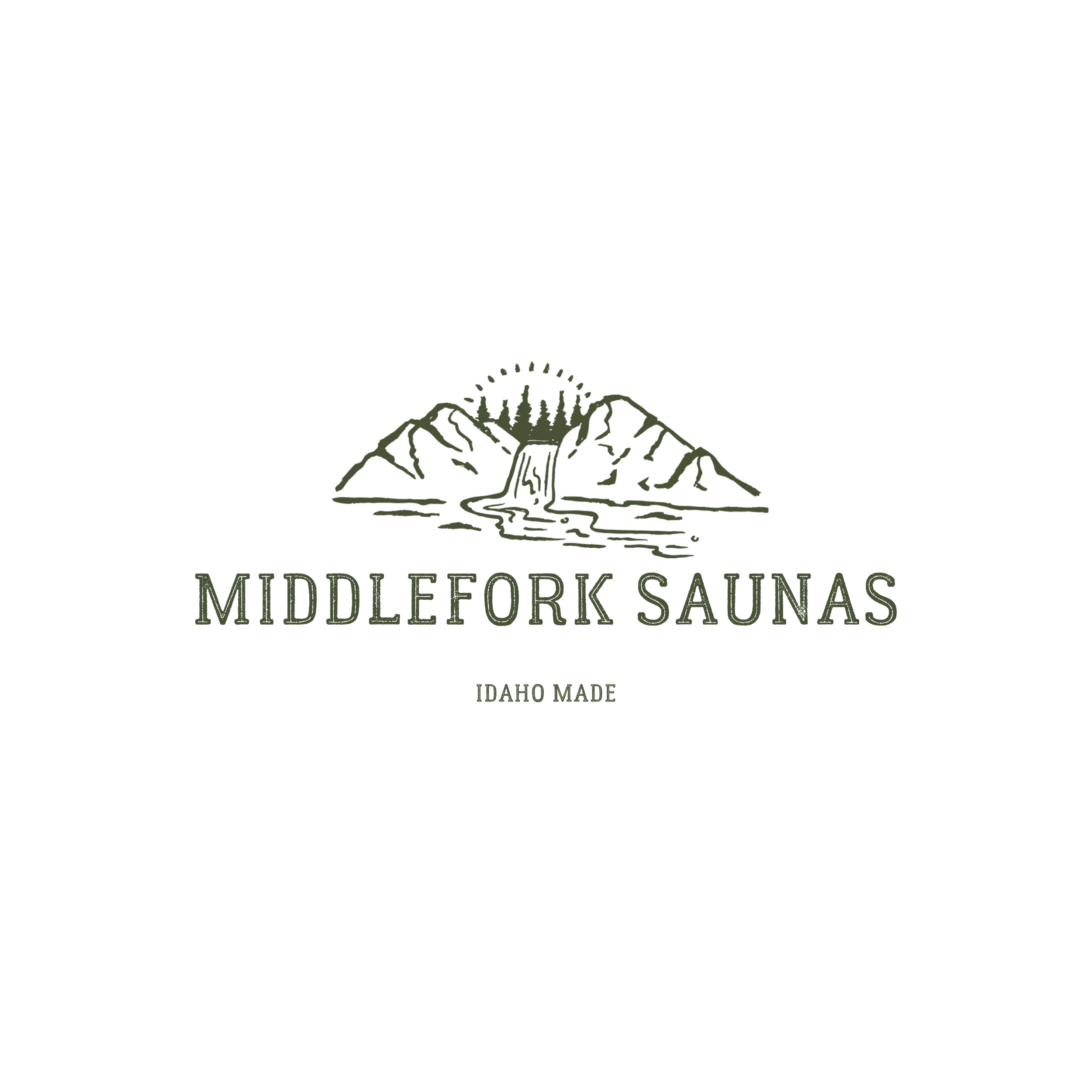 Logo for Middle Fork Saunas, Idaho Made, featuring a mountain landscape with a stream running through it.