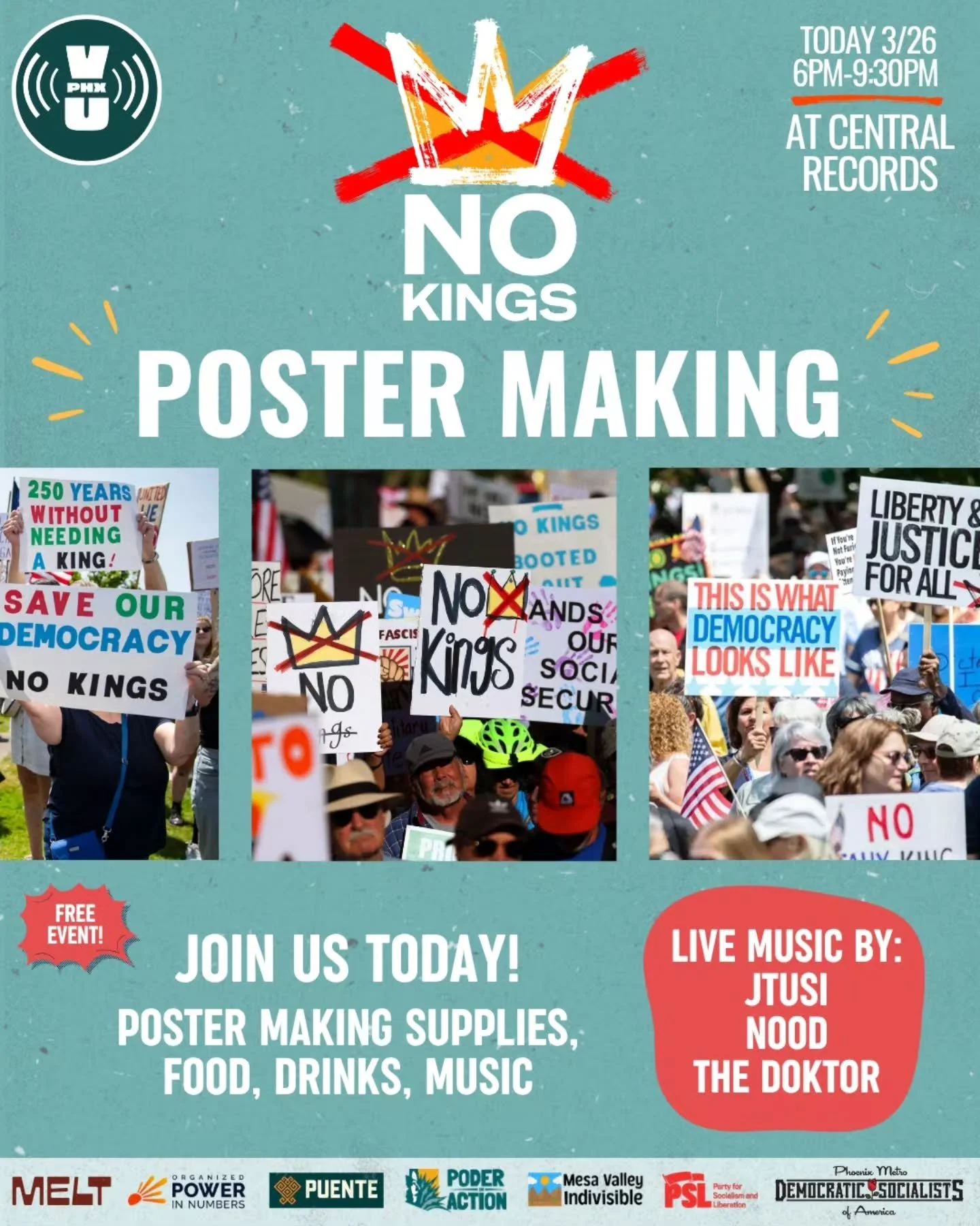 Today 6pm at Central Records! Live Music, food, drinks, and poster-making materials! Come hang!

Also $10 physical tickets to Voices United at Crescent Ballroom available! (Online they are $13.50 with fees)

LIMITED Voices United shirts also availabl