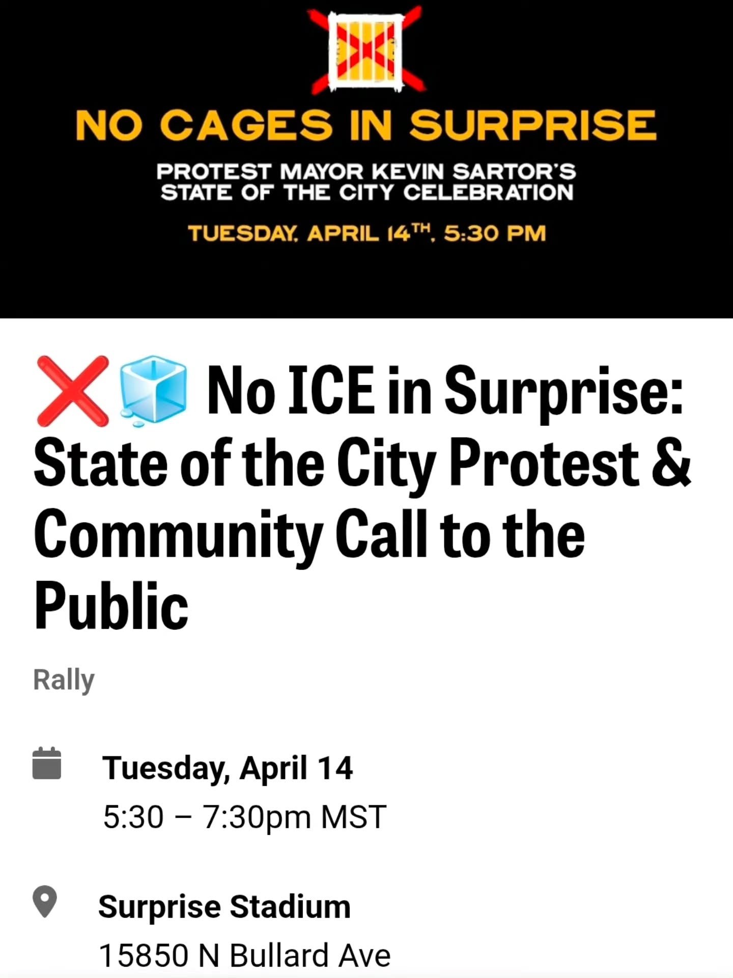 Tell Surprise Mayor Startor we demand immediate action to stop the ICE detention center thats 7-football fields long and will allow ICE to ramp up operations around the valley. 

Tuesday 5:30pm. 
At Surprise Stadium.