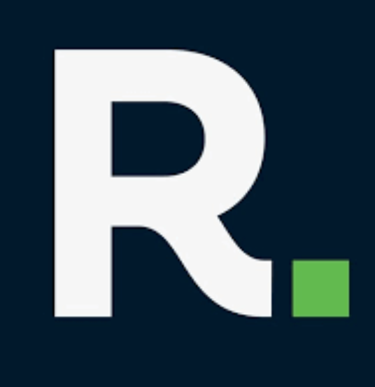 Large white letter 'R' with a small green square in the lower right corner on a dark background.