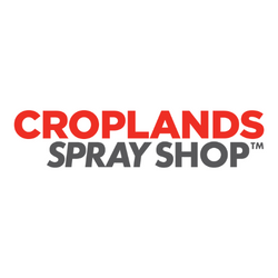 Logo for Croplands Spray Shop with red and gray text