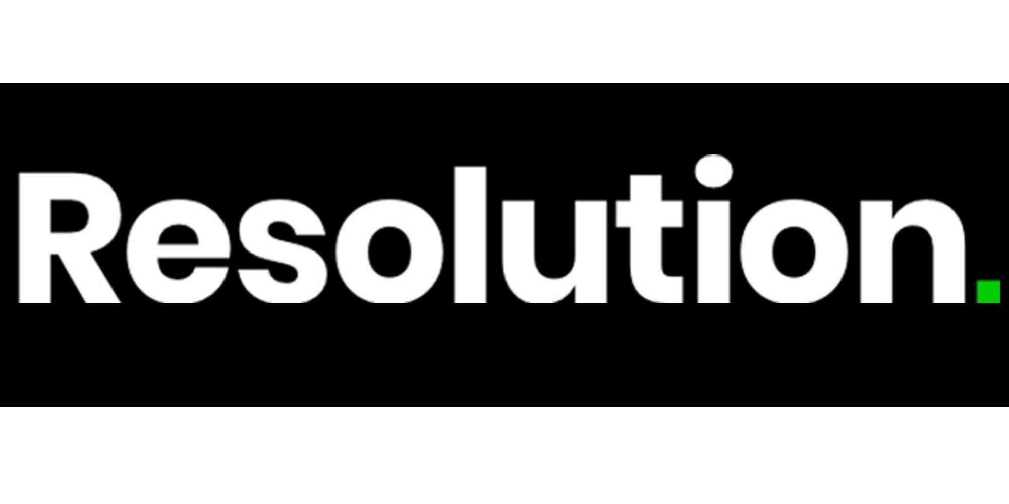 Black background with the word 'Resolution' in large white letters, a small green dot at the end.