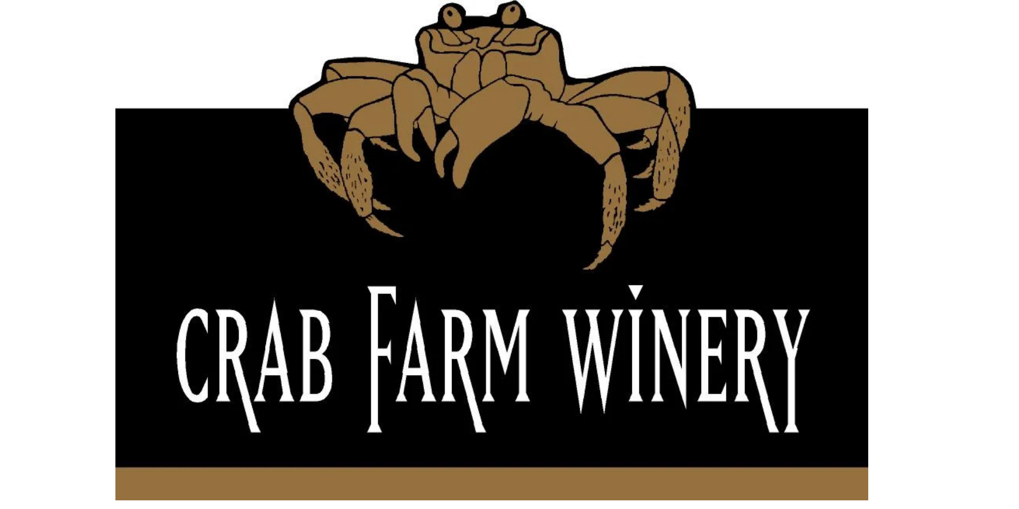 Logo for Crab Farm Winery featuring a crab illustration above the text 'Crab Farm Winery' on a black and gold background.