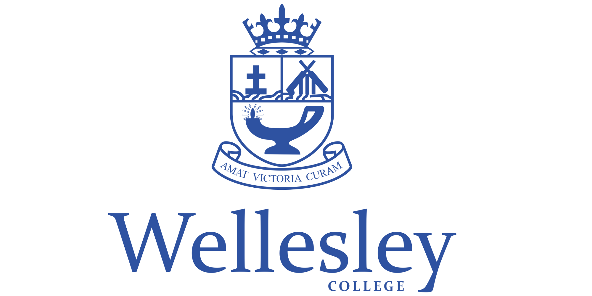 Wellesley College logo with a crest featuring a cross, an open book, and a ship, along with the Latin motto "Amat Victoria Curam" and the College name in blue.