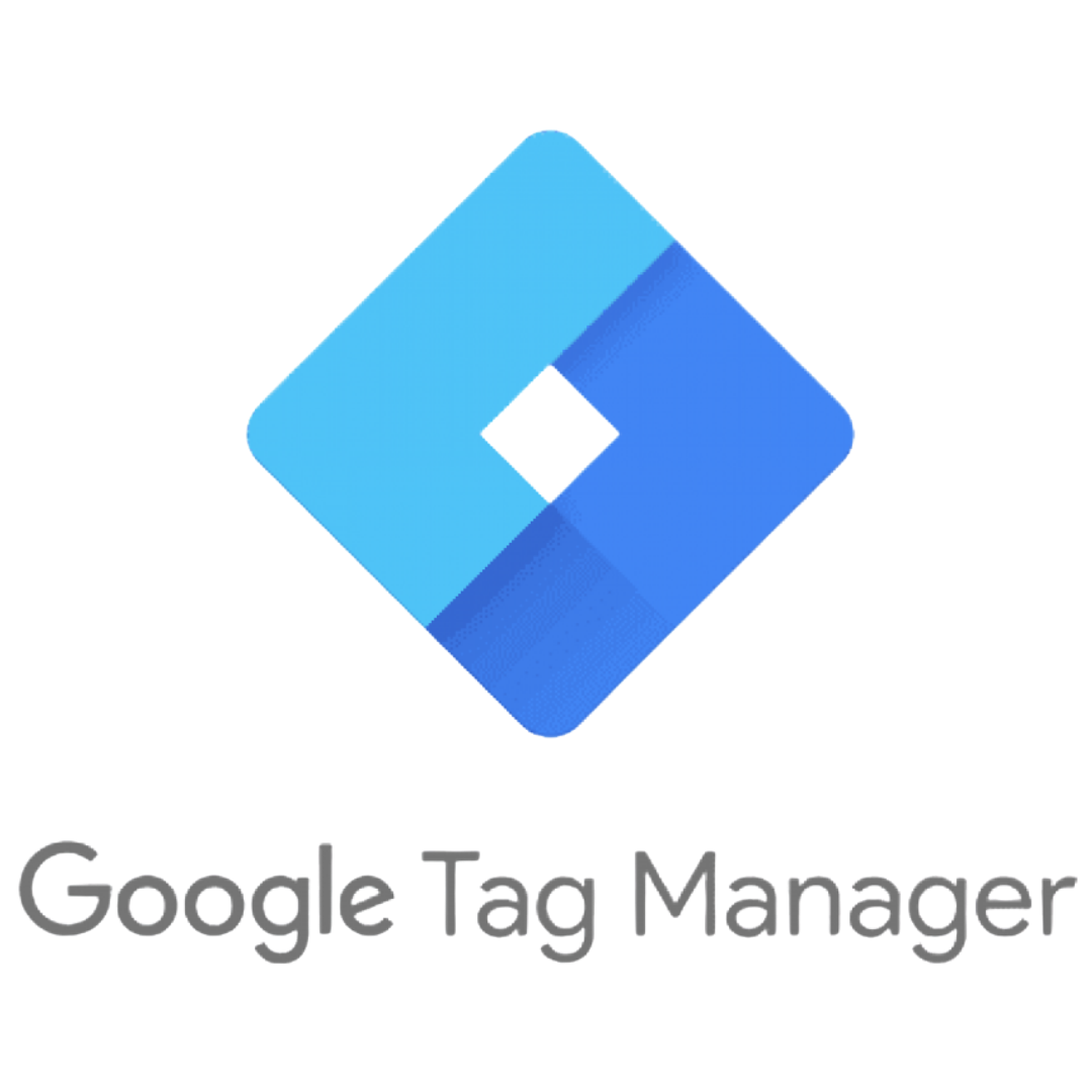 Google Tag Manager logo, a blue geometric shape with the text 'Google Tag Manager' underneath.