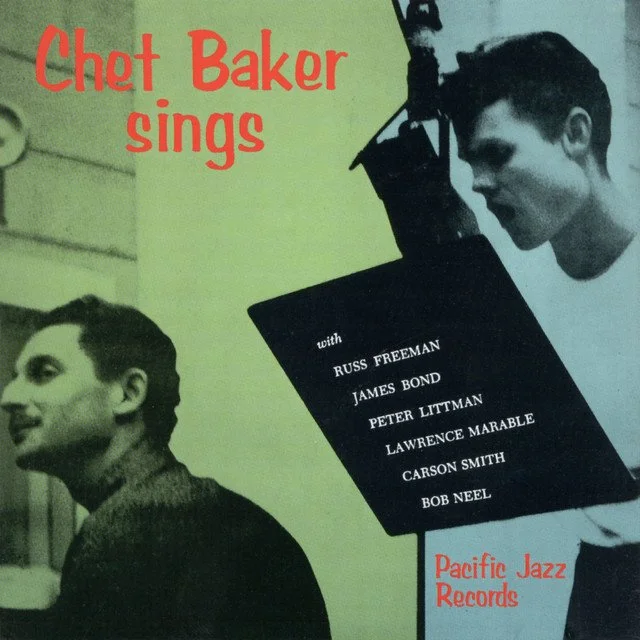 Cover of a vintage record album titled 'Chet Baker sings' featuring black and white photographs of Chet Baker and a man holding a record with a list of artists, including Russ Freeman and James Bond. The album is from Pacific Jazz Records.