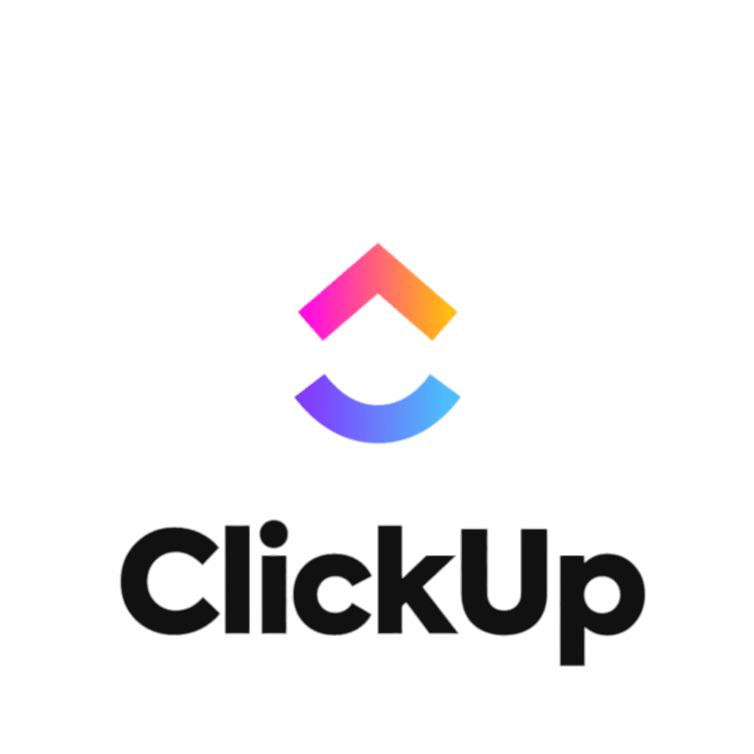 Logo for ClickUp, project management software, featuring a stylized upward arrow in pink, orange, and blue, with the text 'ClickUp' in black below.