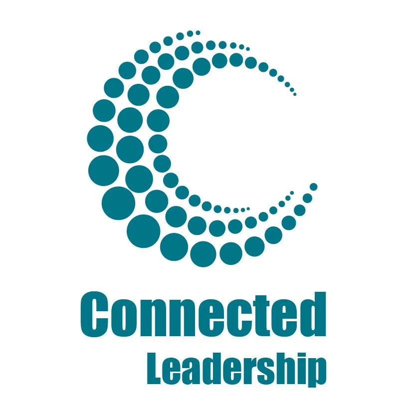 Logo with a stylized crescent and circular dots forming a pattern, above the text 'Connected Leadership' in bold blue font.