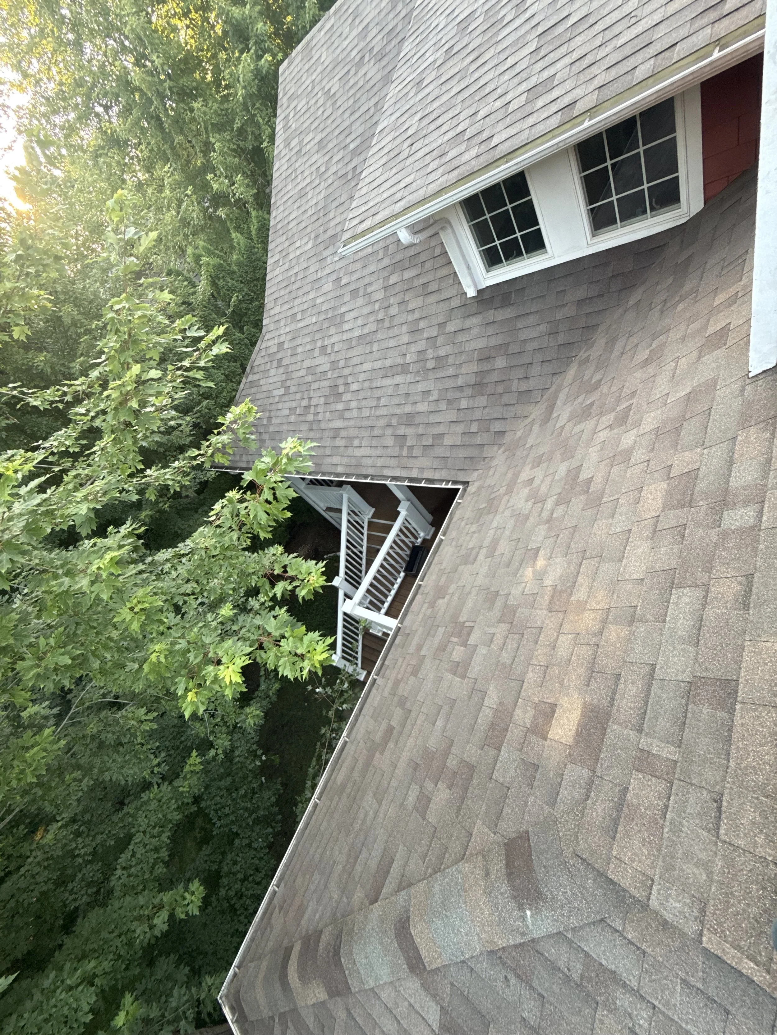 View of a house roof with tan shingles, a window with three sections, and a small balcony with stairs, surrounded by green trees.
