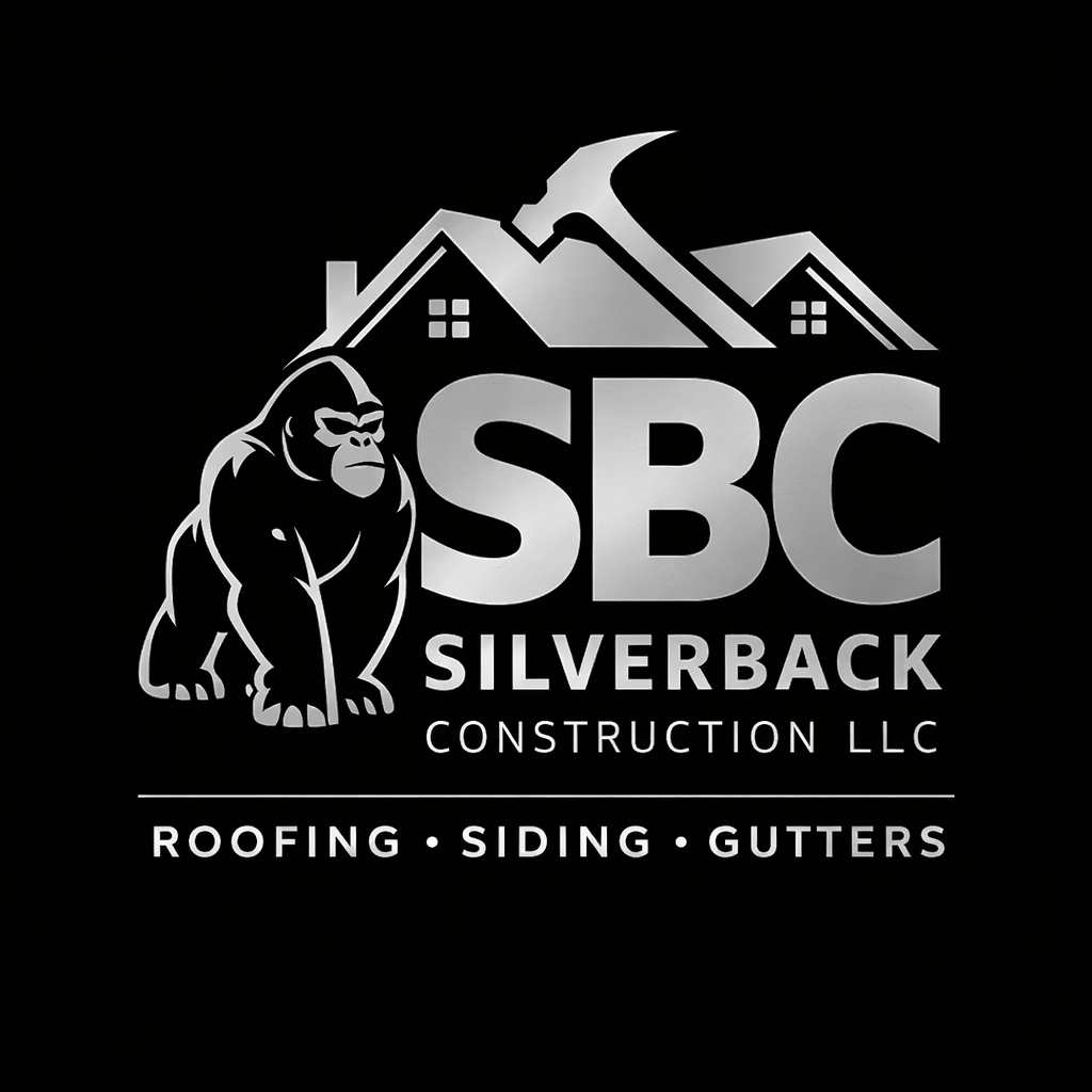 Logo of SBC Silverback Construction LLC, featuring a gorilla, a house outline, and text for roofing, siding, and gutters.