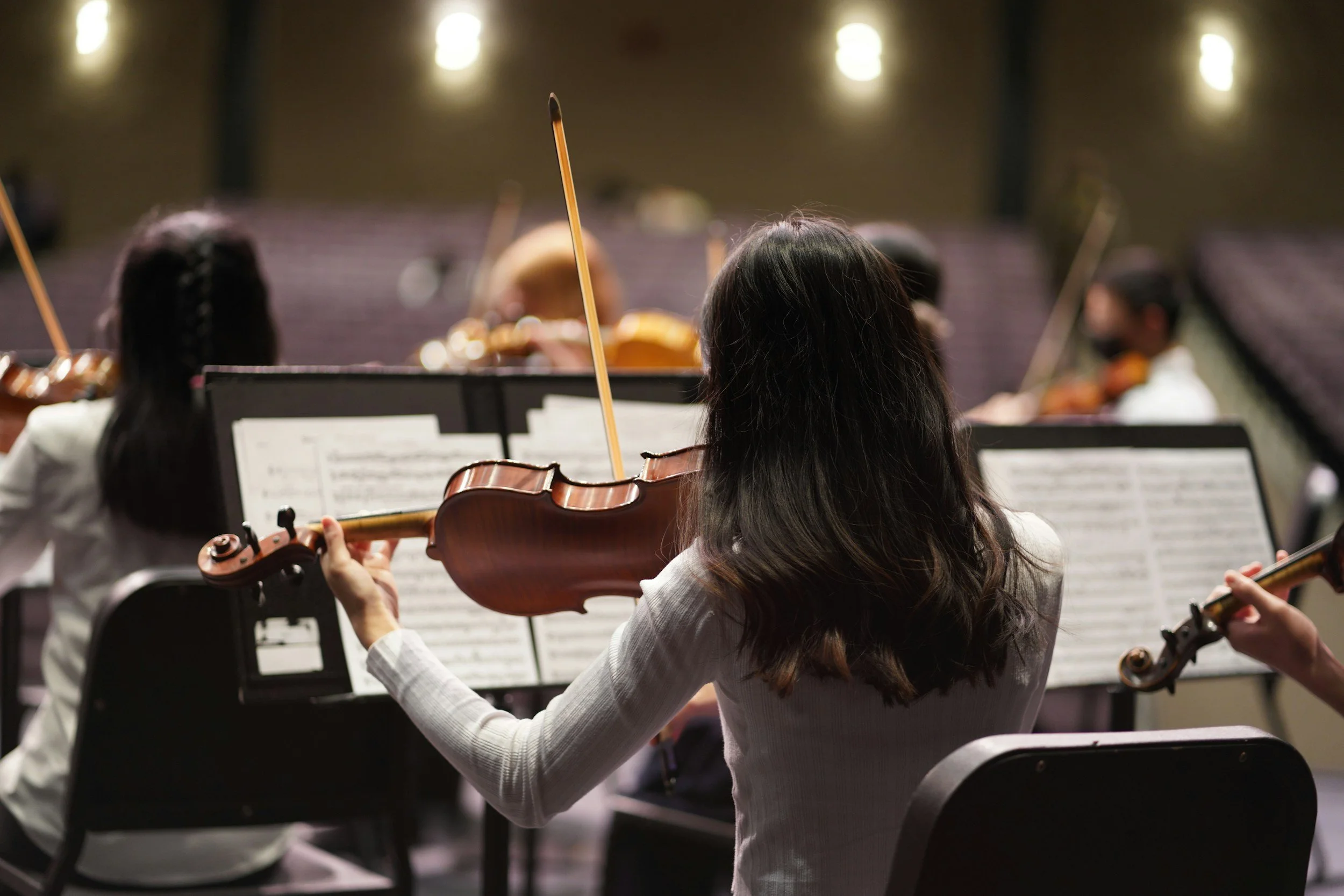 Orchestra musicians, mostly women, playing violins during a performance in a concert hall.