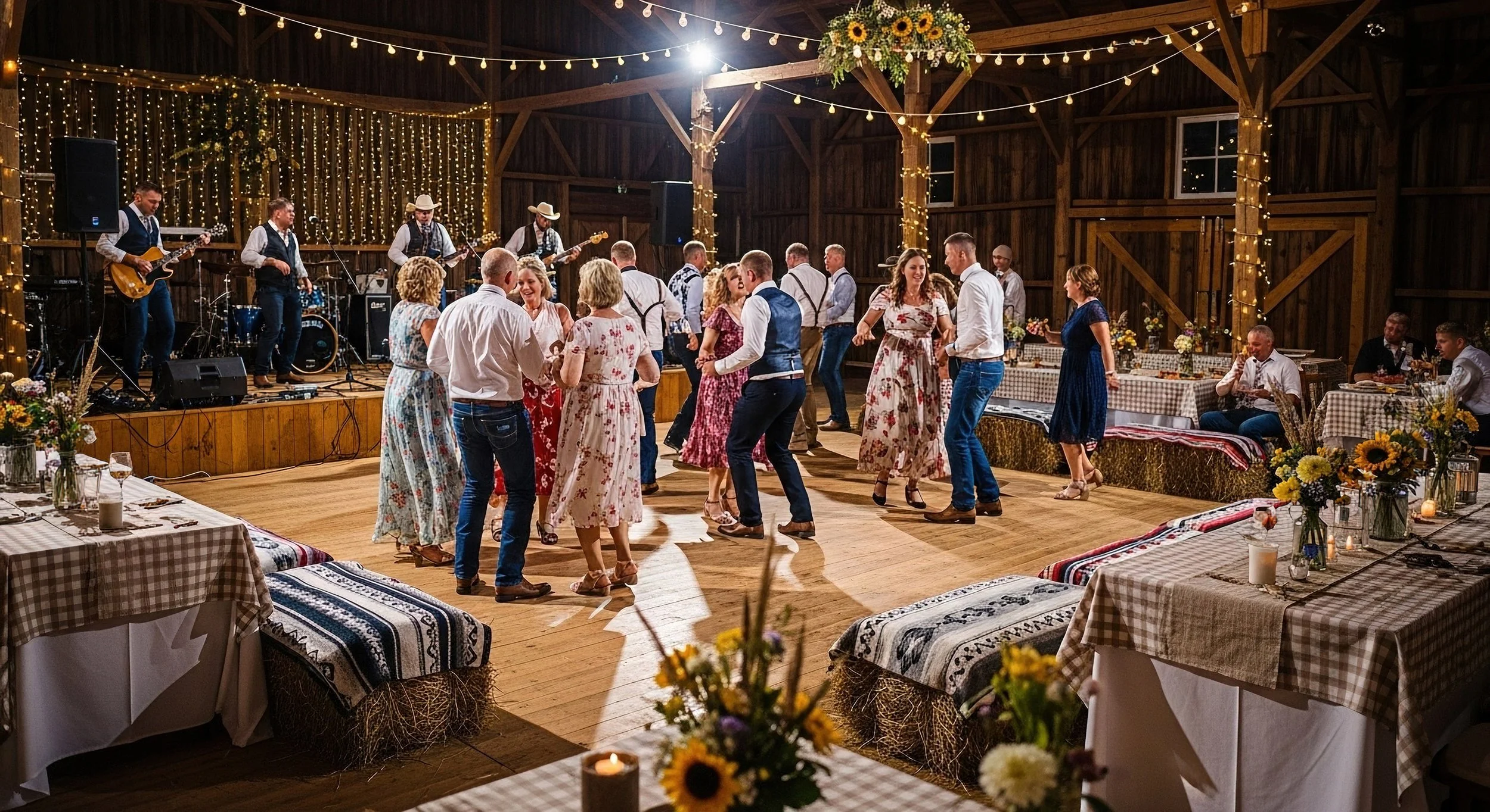 People dancing on a wooden dance floor under string lights in a rustic barn, with a live band playing on stage and tables with checkered tablecloths decorated with flowers in the foreground.