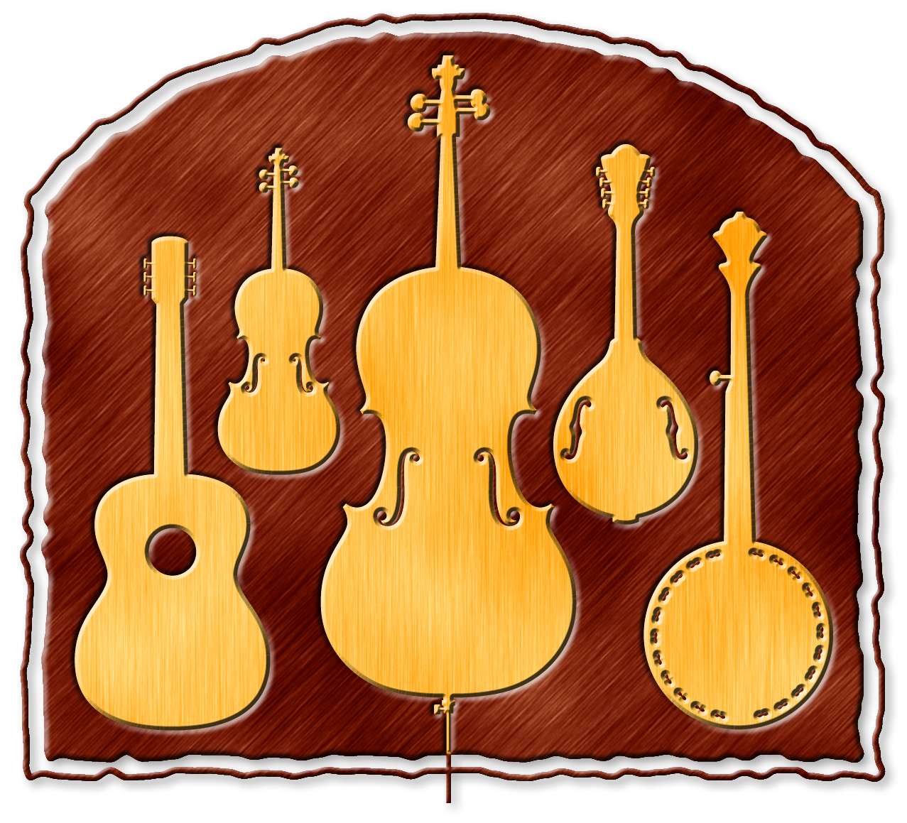 Wooden musical instruments mounted on a wooden background, including a guitar, violin, double bass, and banjo.