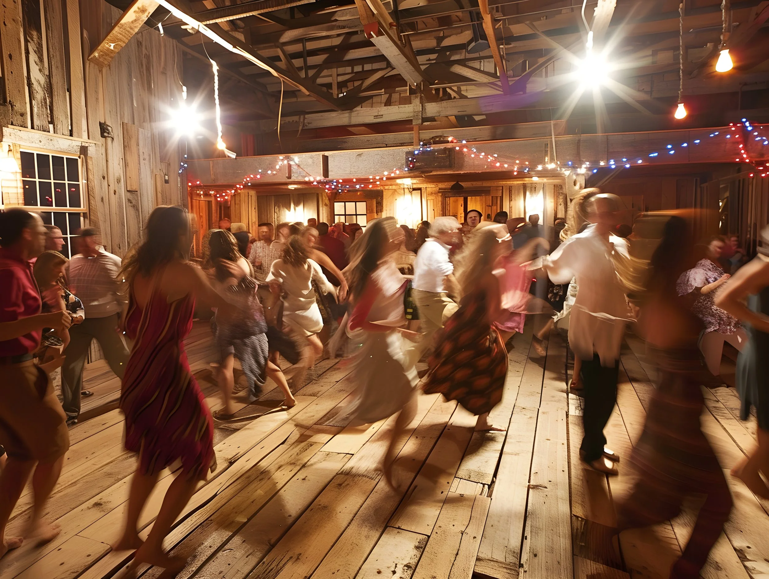 People dancing at a rustic indoor wedding reception decorated with string lights and wooden beams.