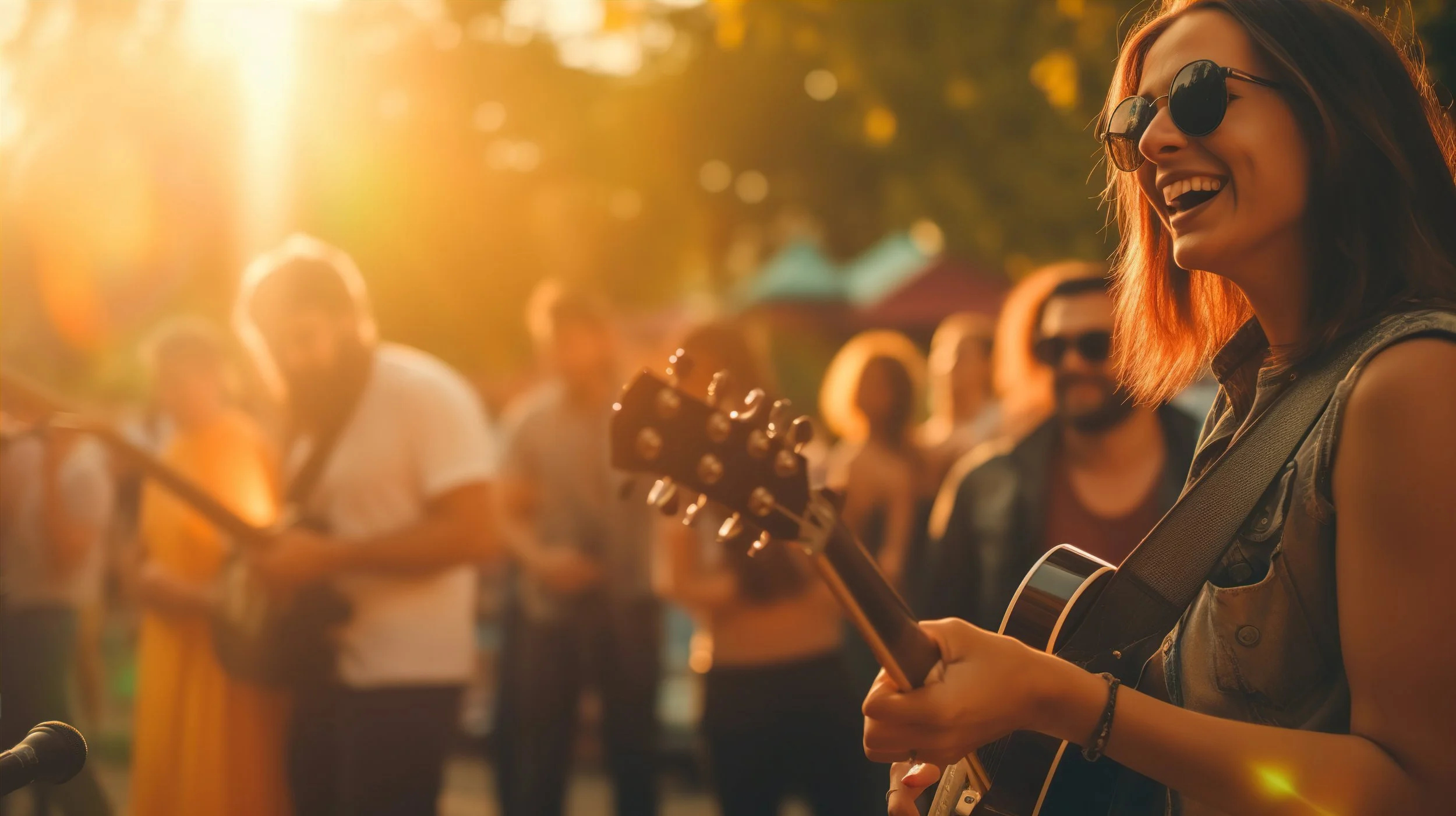 A young woman with sunglasses and reddish hair playing an acoustic guitar, smiling, surrounded by people outdoors in warm sunlight.