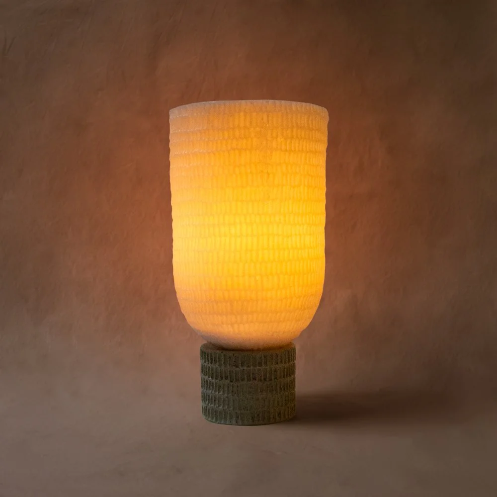 Bespoke Wax lantern with parchment glaze on ceramic base and etched pattern on wax shade
