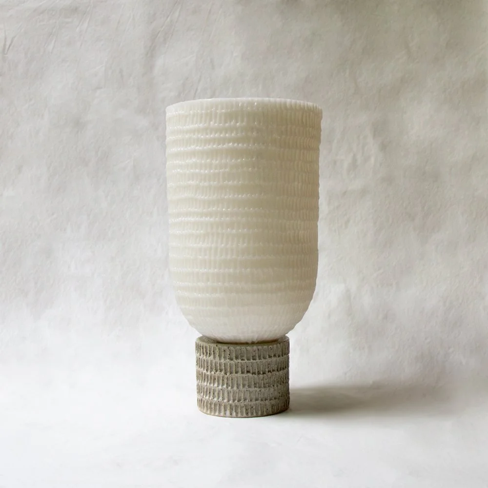 Bespoke Wax lantern with parchment glaze on ceramic base and etched pattern on wax shade