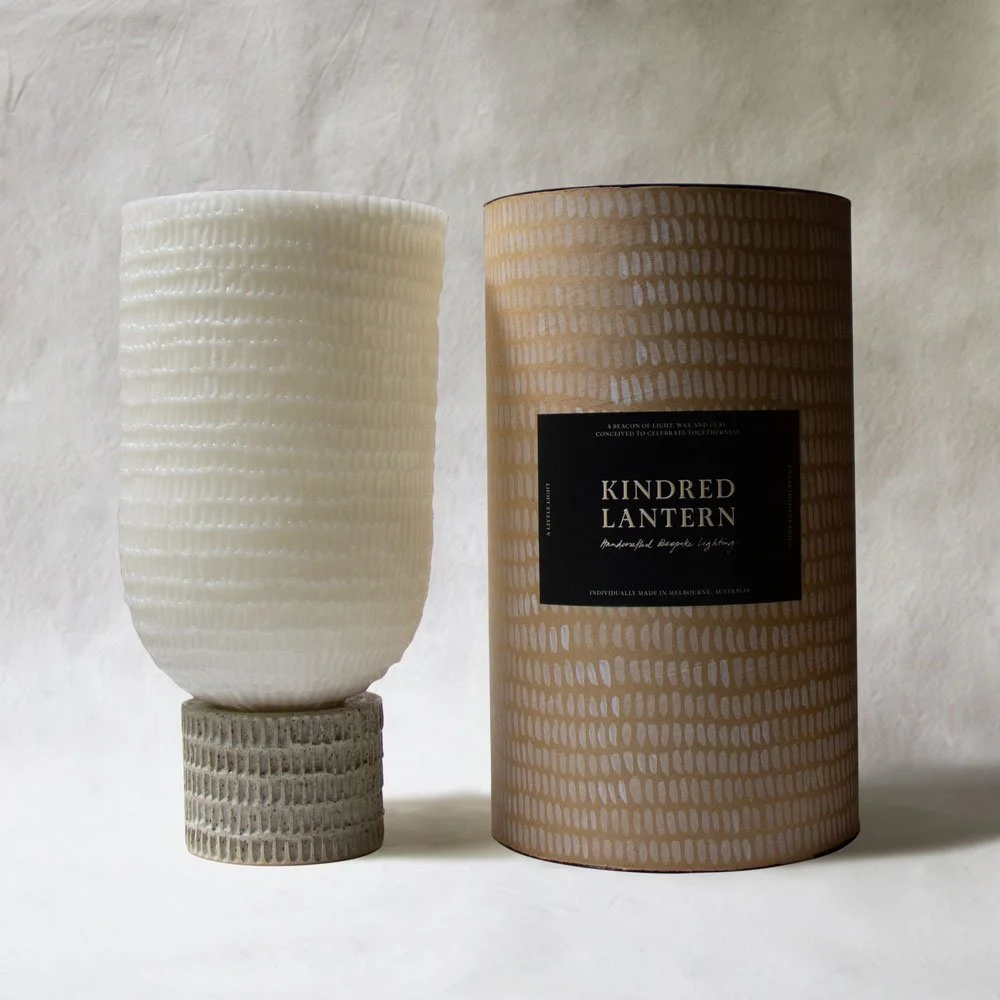 Bespoke Wax lantern with parchment glaze on ceramic base and etched pattern on wax shade and sustainable handmade packaging