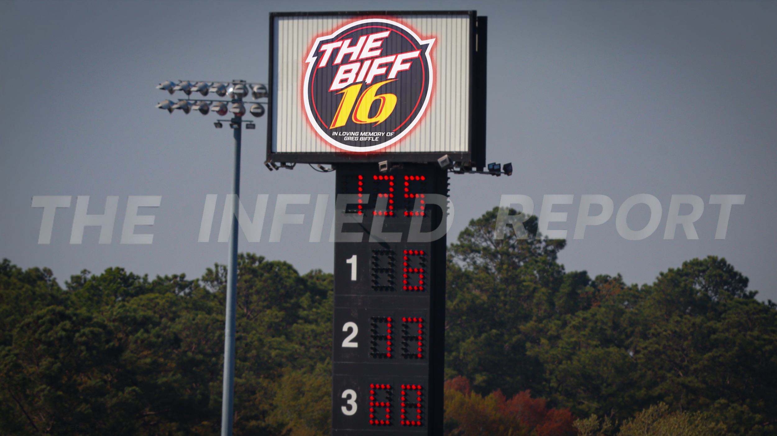 Scoreboard at a racing track displaying a time of 1:35.6 with lap count 13, driver position 1, second place 17, and third place 60, with a sponsor sign the top promoting 'The Biff 16' in memory of Greg Biffle.