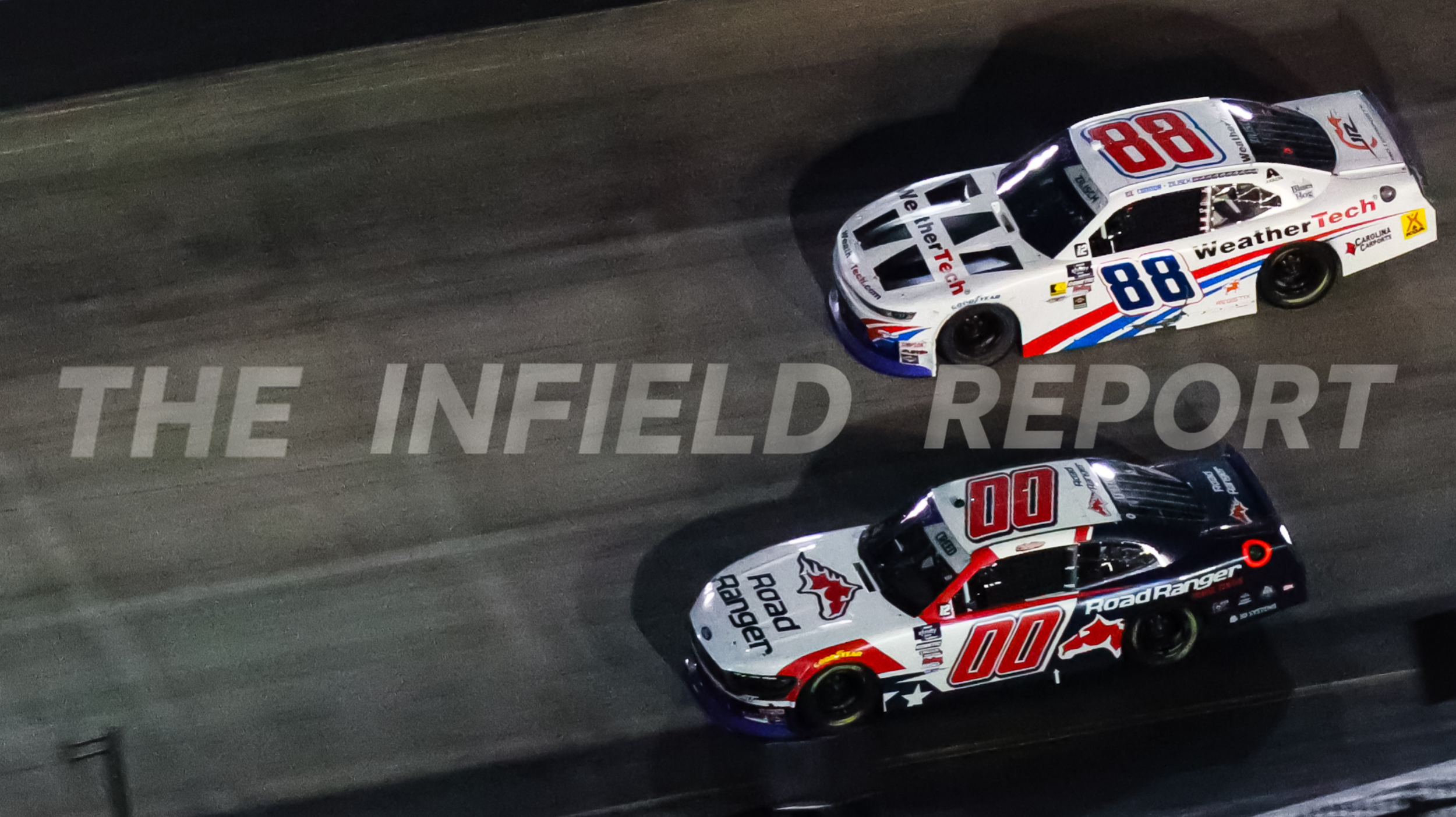 Two race cars on a track, one with the number 88 and weather tech branding, the other with the number 00 and jeba pun branding, during a night race.