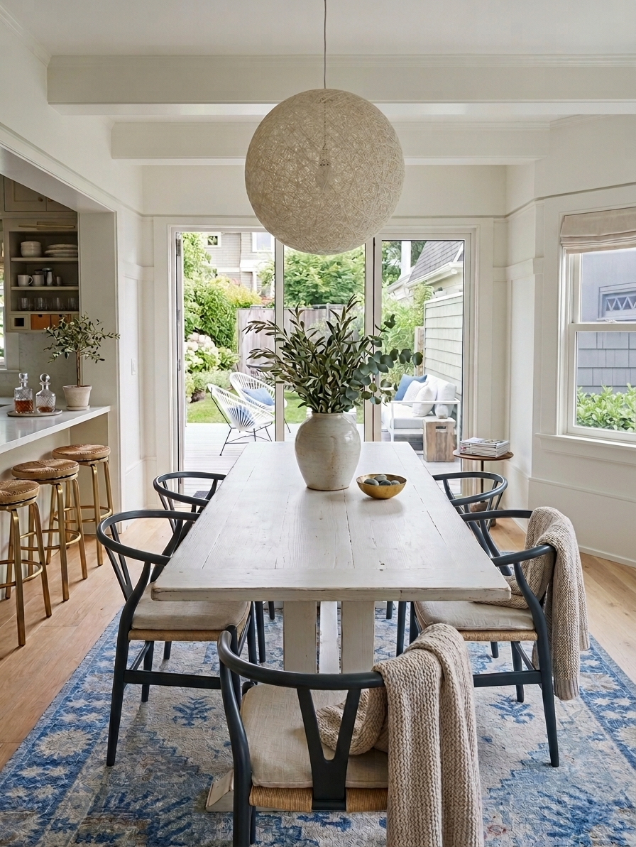 A dining room with a white wooden table, six black chairs with beige cushions, and a large vase with greenery in the center. The room opens , visible through sliding glass doors. The room has light-colored walls, hardwood flooring, and windows with beige blinds.