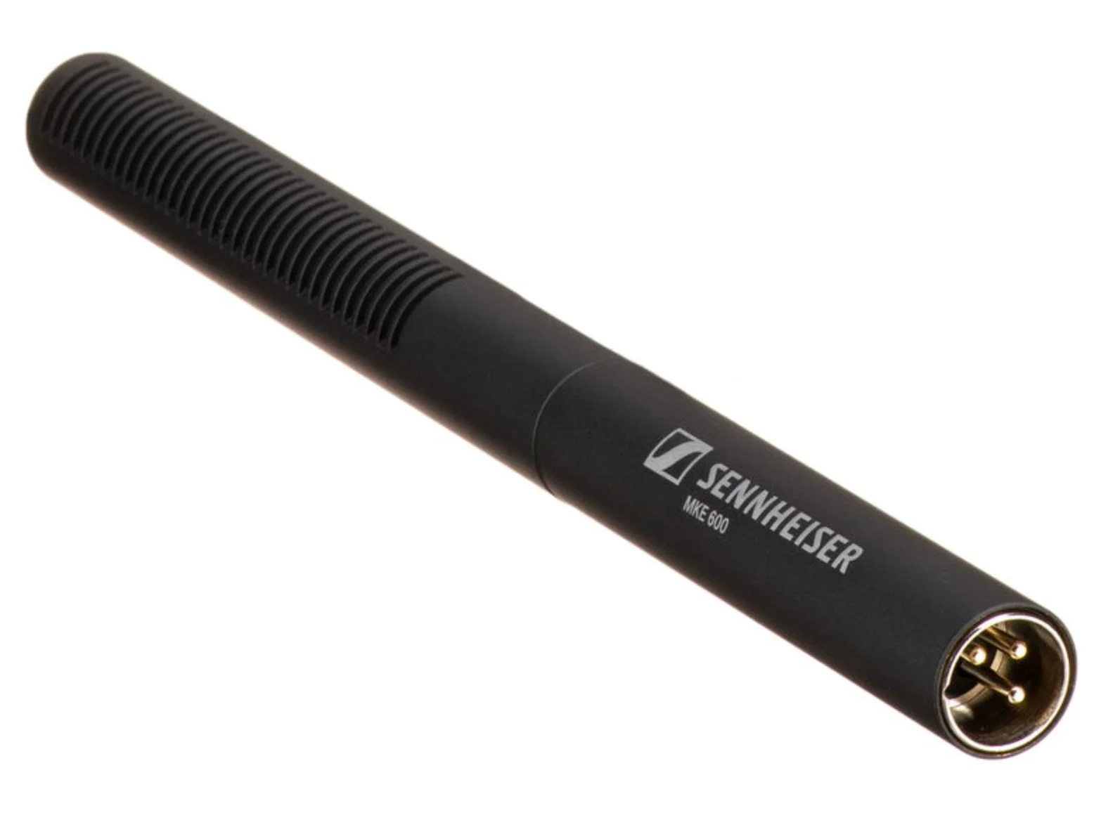 A black Sennheiser MKH 600 shotgun microphone with gold-plated connectors.