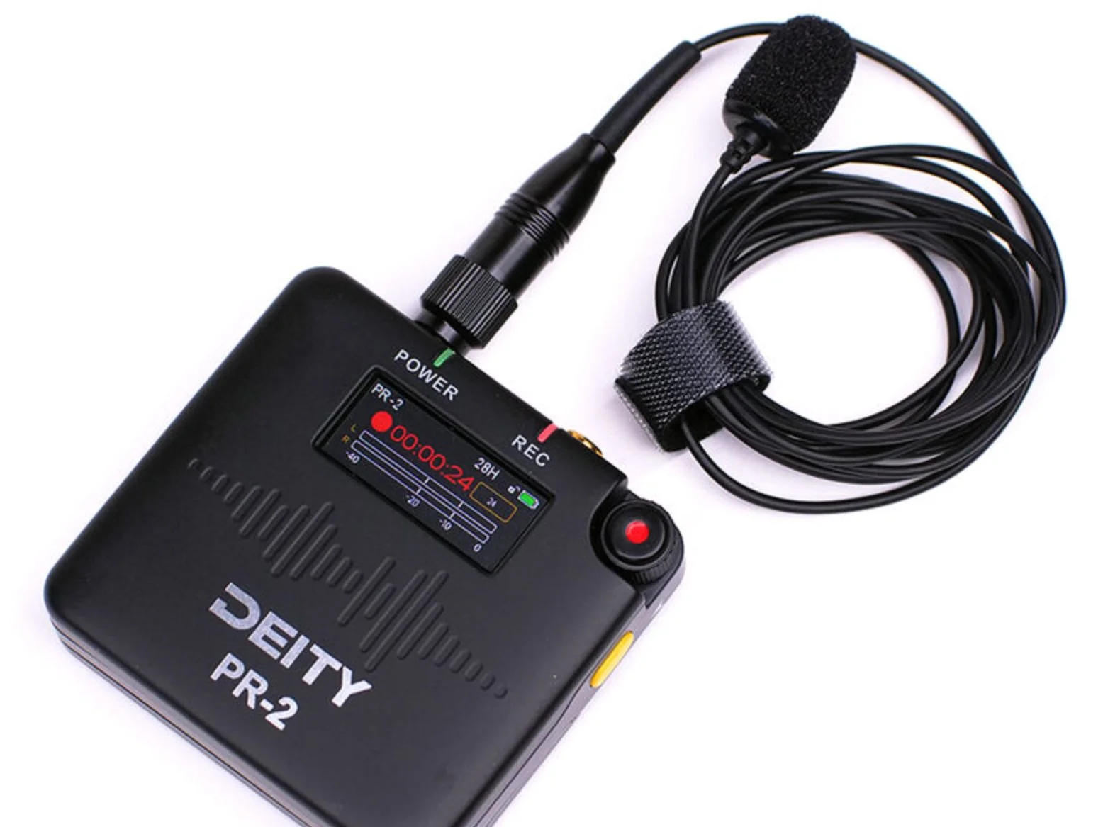 A portable DEITY PR-2 microphone voice recorder with a wired microphone attached.