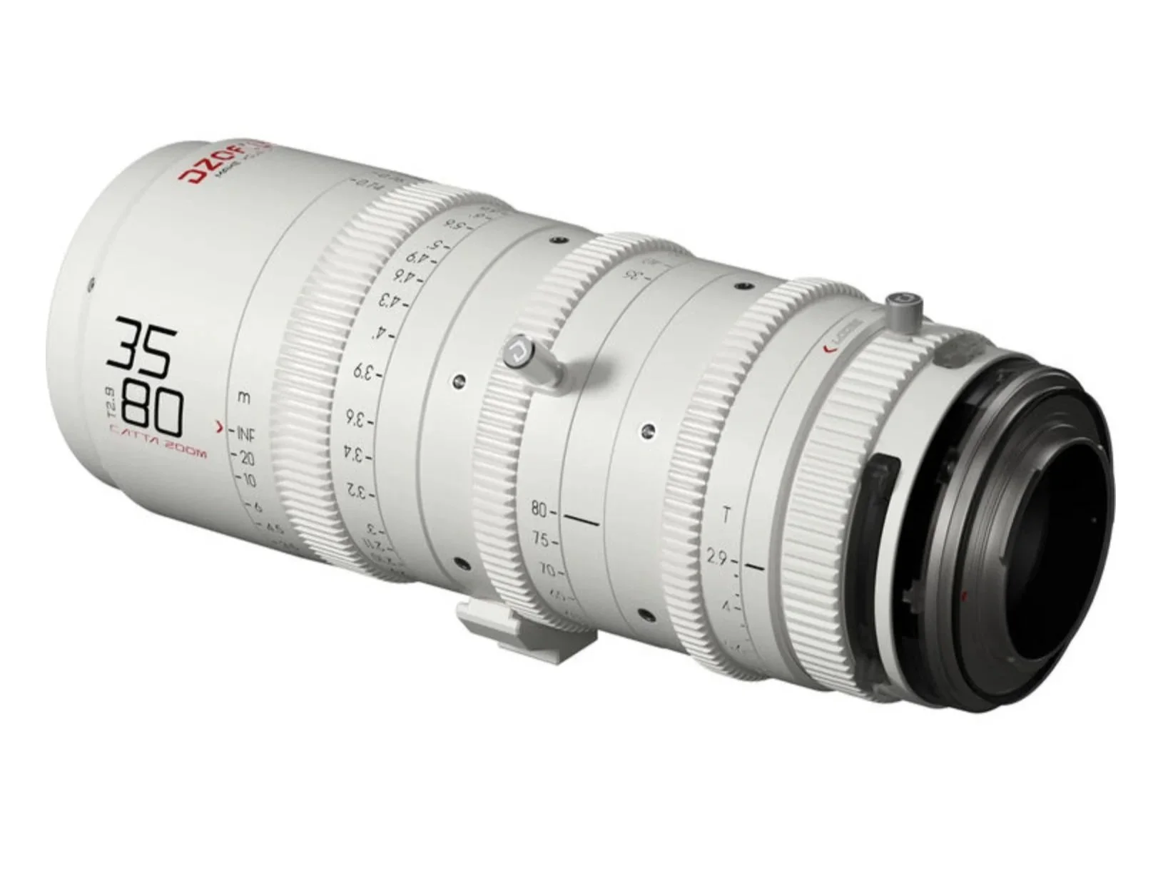 A white professional camera lens with various markings and adjustment rings, shown at an angle.