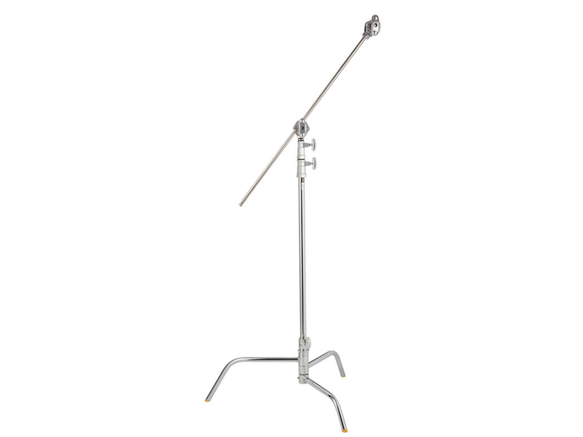 A freestanding microphone boom stand with a telescoping arm and adjustable height, used in recording studios or broadcasting.
