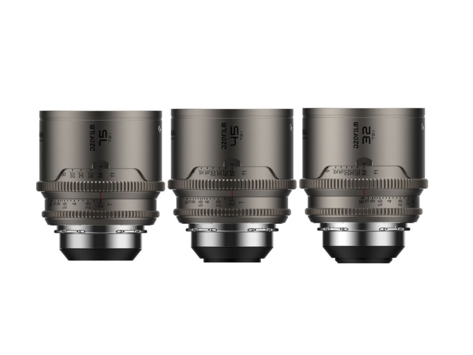 Three camera lenses placed side by side, each with various measurement markings and adjustments visible, on a white background.