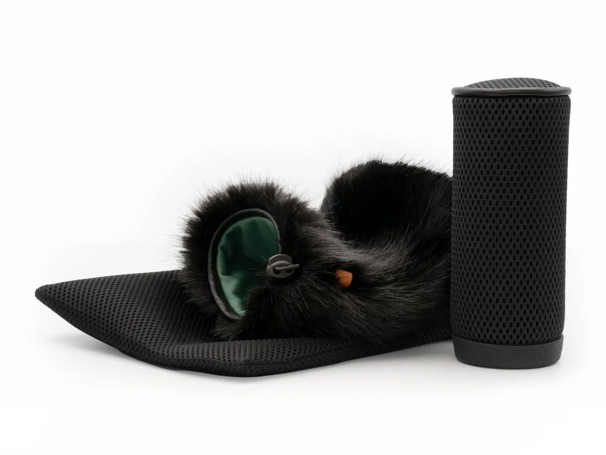 A set of black headphones with fluffy covers, a black pillow, and a black portable speaker on a plain white background.