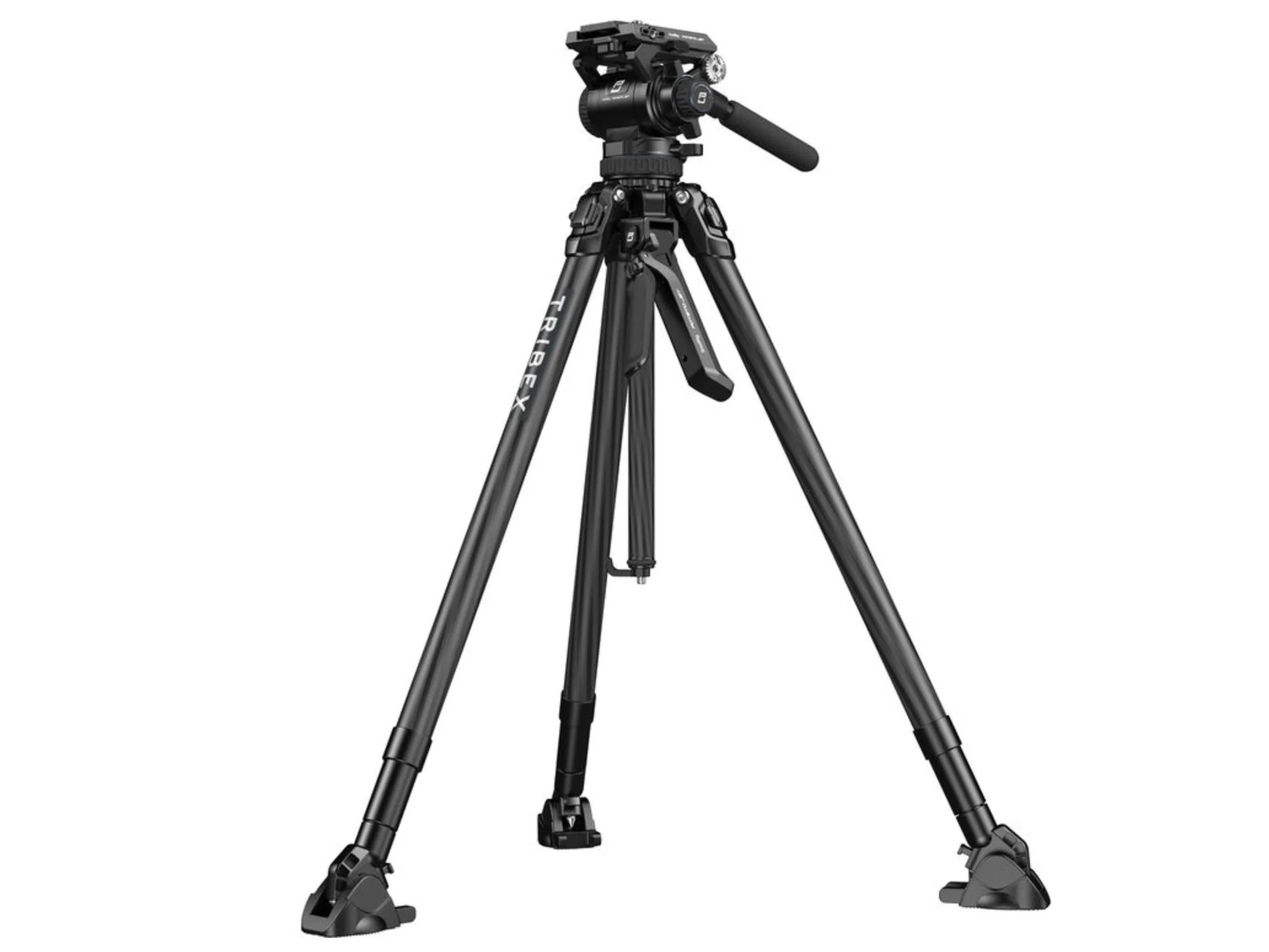 A professional DSLR camera mounted on a black tripod with three adjustable legs, suitable for photography or videography.