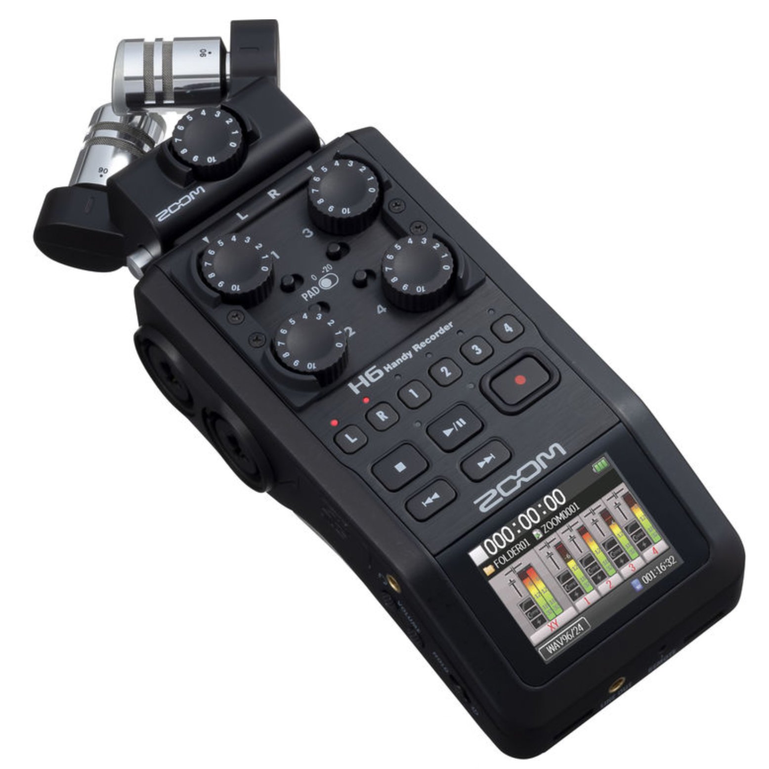 Digital handheld audio recorder with multiple dials, buttons, and a colorful screen displaying sound levels and recording information.