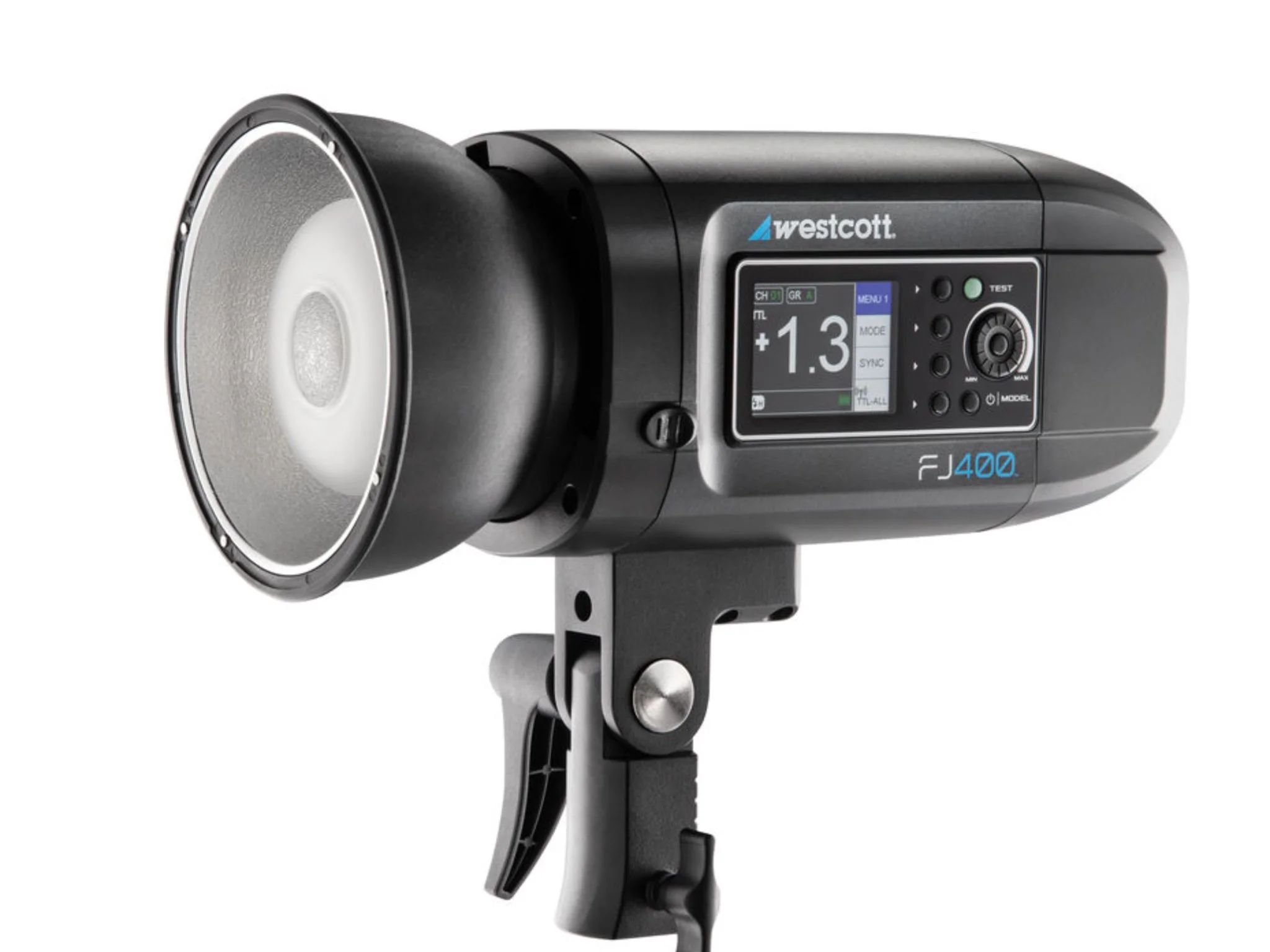 A Westcott FJ400 studio strobe light with digital controls and a reflector attached, mounted on a stand.