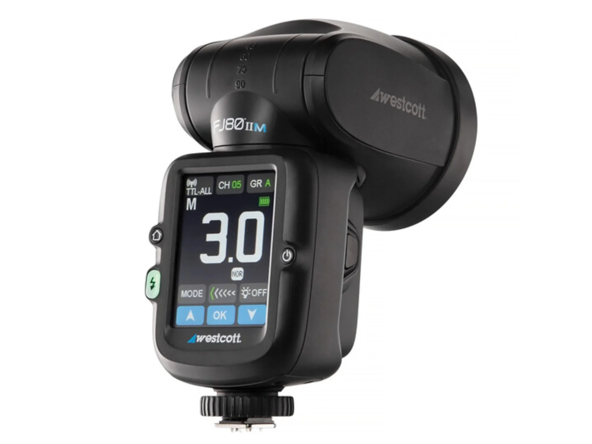A Westcott FJ80II M flash unit with digital display showing 30, mounted on a camera trigger device.