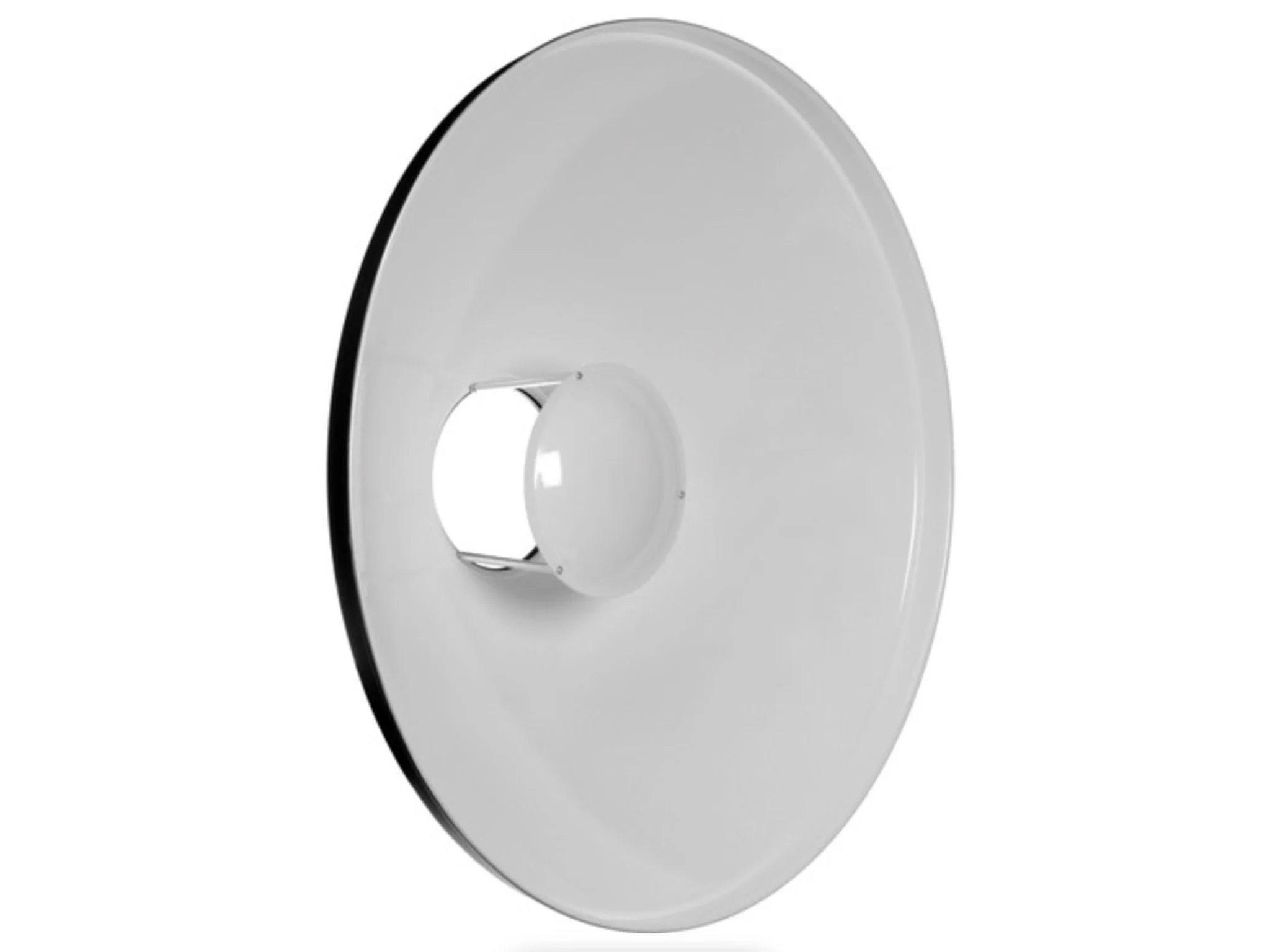 A large, white reflector or satellite dish with a central mounting hub against a plain background.