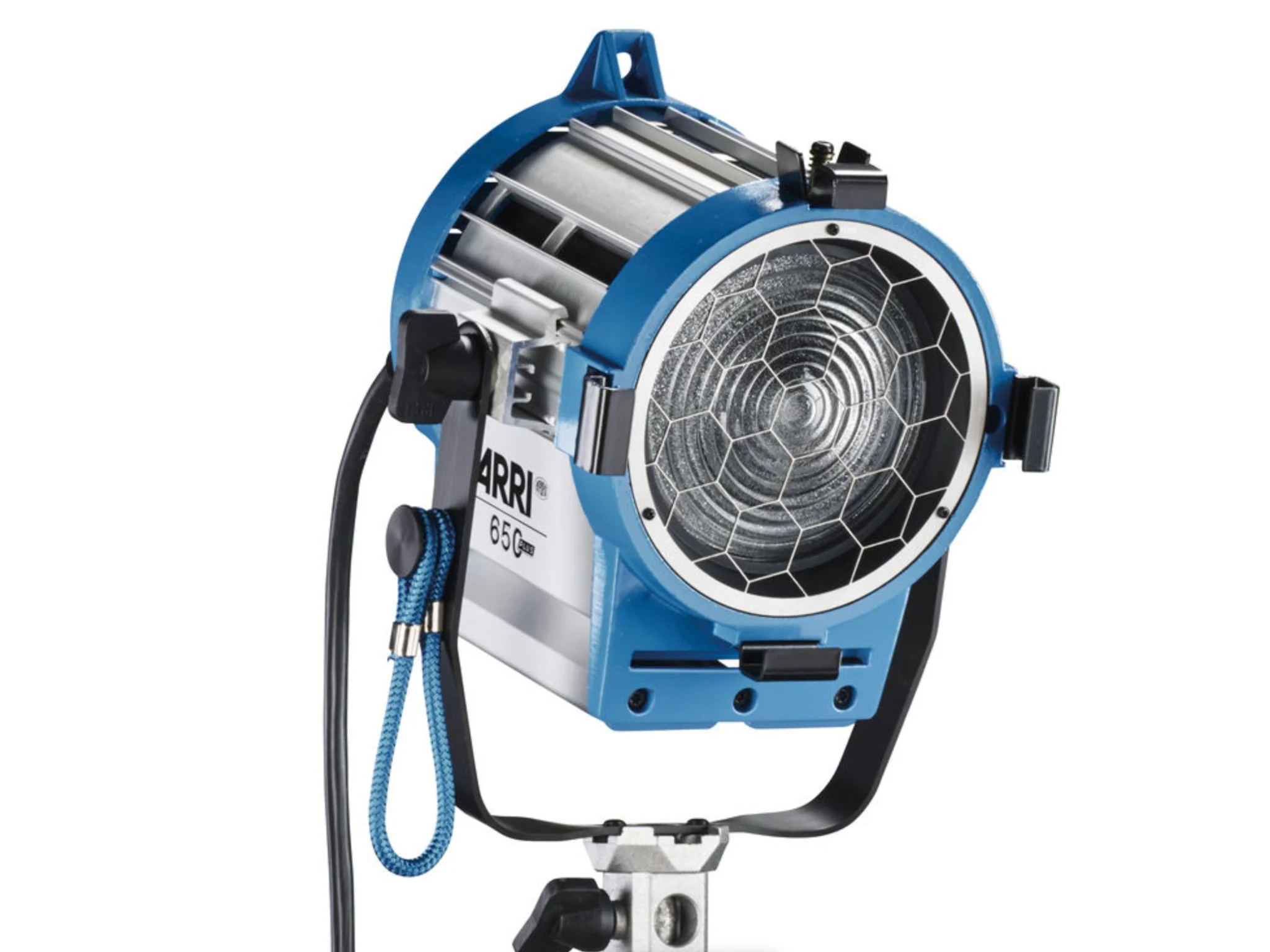 Blue studio spotlight with a honeycomb grill on the front, mounted on a stand.